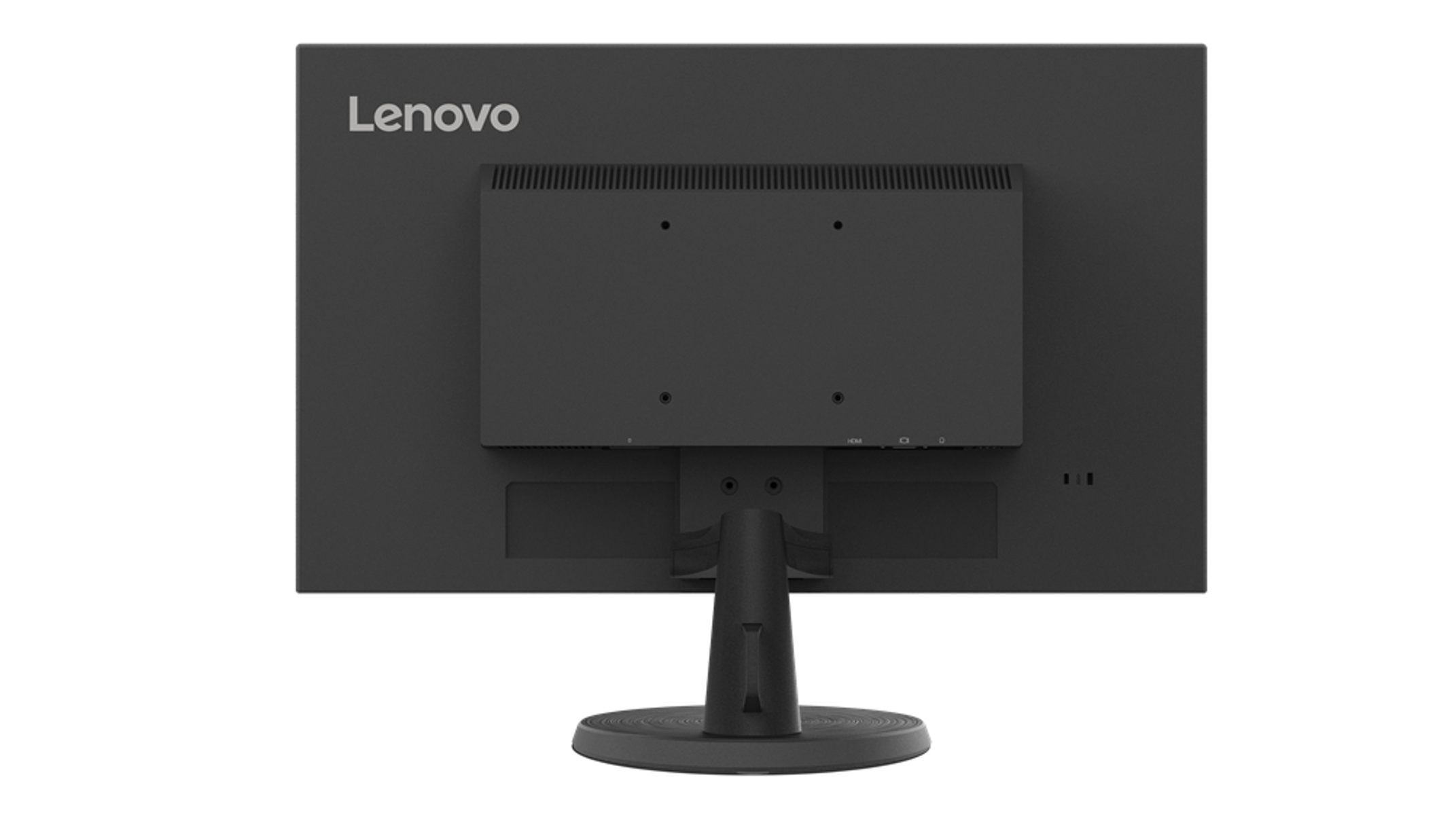 Rückseite eines schwarzen Lenovo-Monitors mit Halterung, weißer Hintergrund.