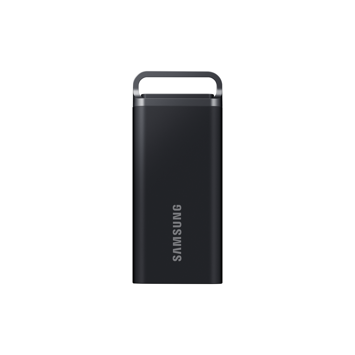 Une clé USB noire avec une boucle en métal, sur fond noir avec le logo Samsung.