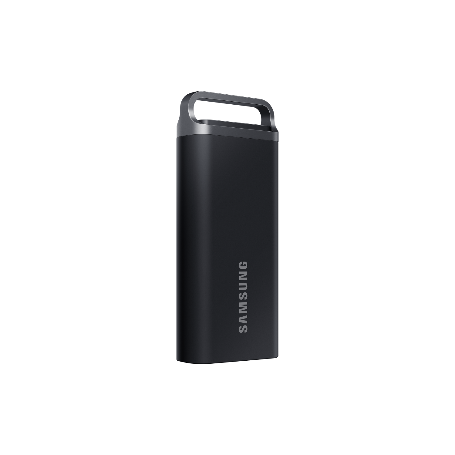 Disque dur externe Samsung noir avec poignée argentée. Fond noir.