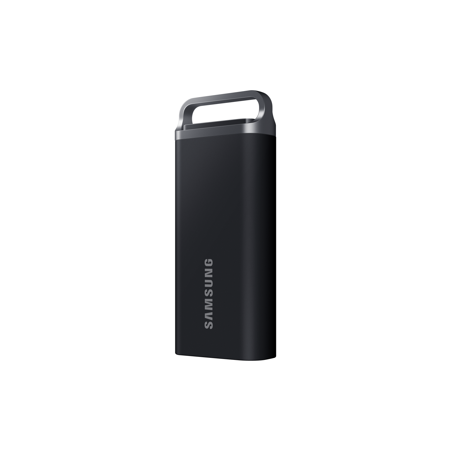 Clé USB noire avec poignée argentée sur fond noir. Logo Samsung.