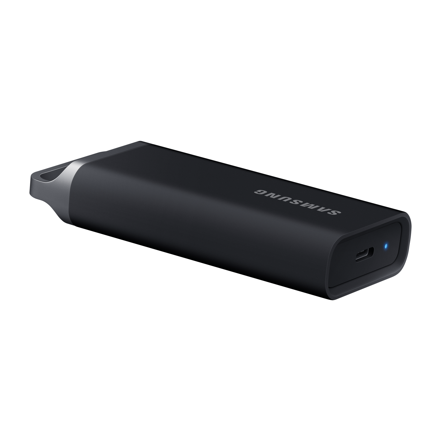 Un disque dur externe Samsung noir et cylindrique. Il possède un port USB-C et une boucle métallique.