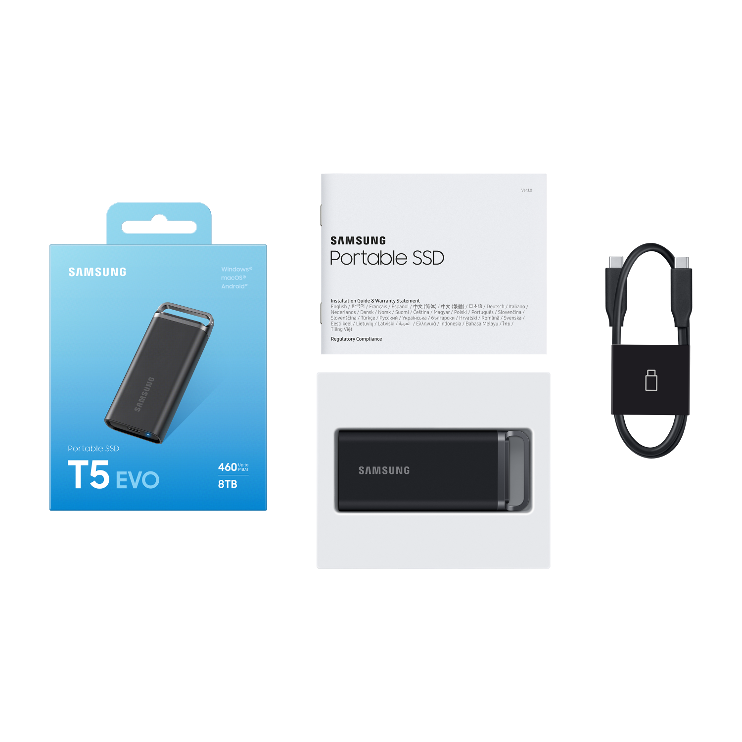 Boîte SSD portable Samsung, SSD, câble et manuel sur fond blanc.