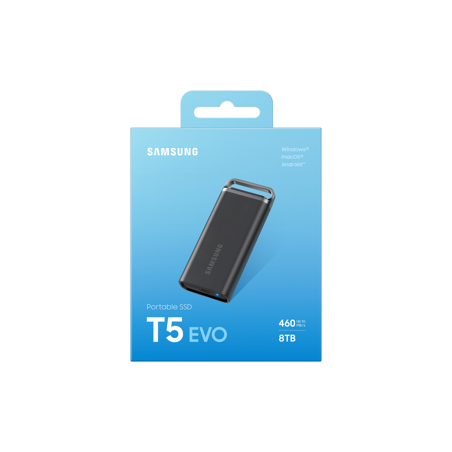 SSD portable dans une boîte. SSD noir avec le logo Samsung, texte T5 EVO et boîte bleue.