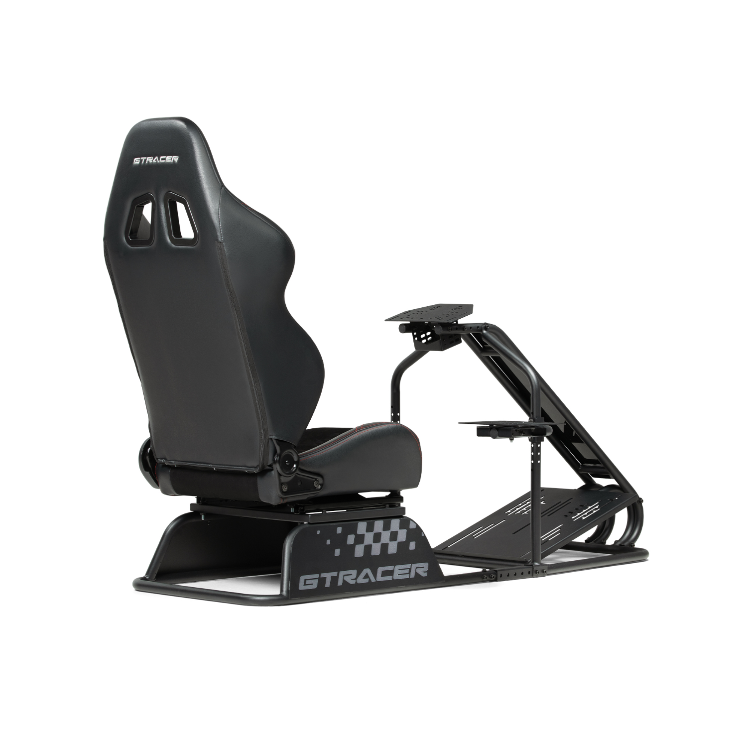 Asiento de simulador de carreras negro con estructura, pedales y plataforma de volante.