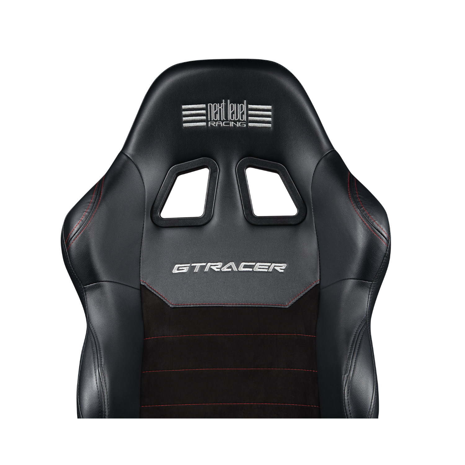 Reposacabezas de silla de carreras negra con logos 'next level racing' y 'gtracer'.