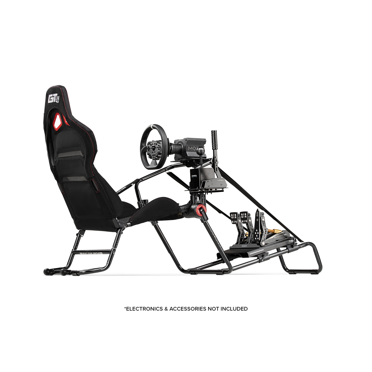 Ein schwarzes Rennsimulator-Setup mit Sitz, Lenkrad, Pedalen und Bildschirm.