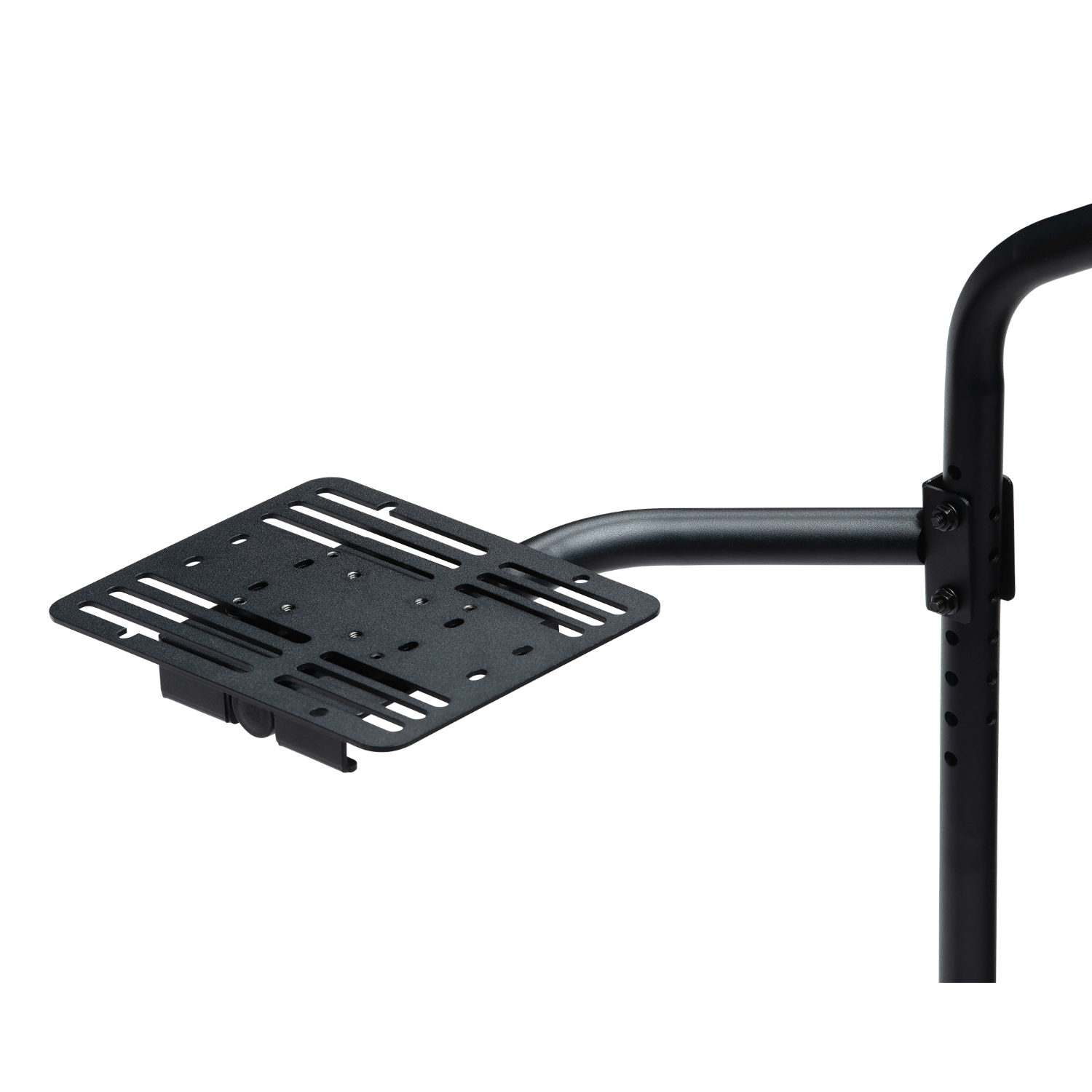 Soporte de monitor de metal negro con placa cuadrada y brazo.