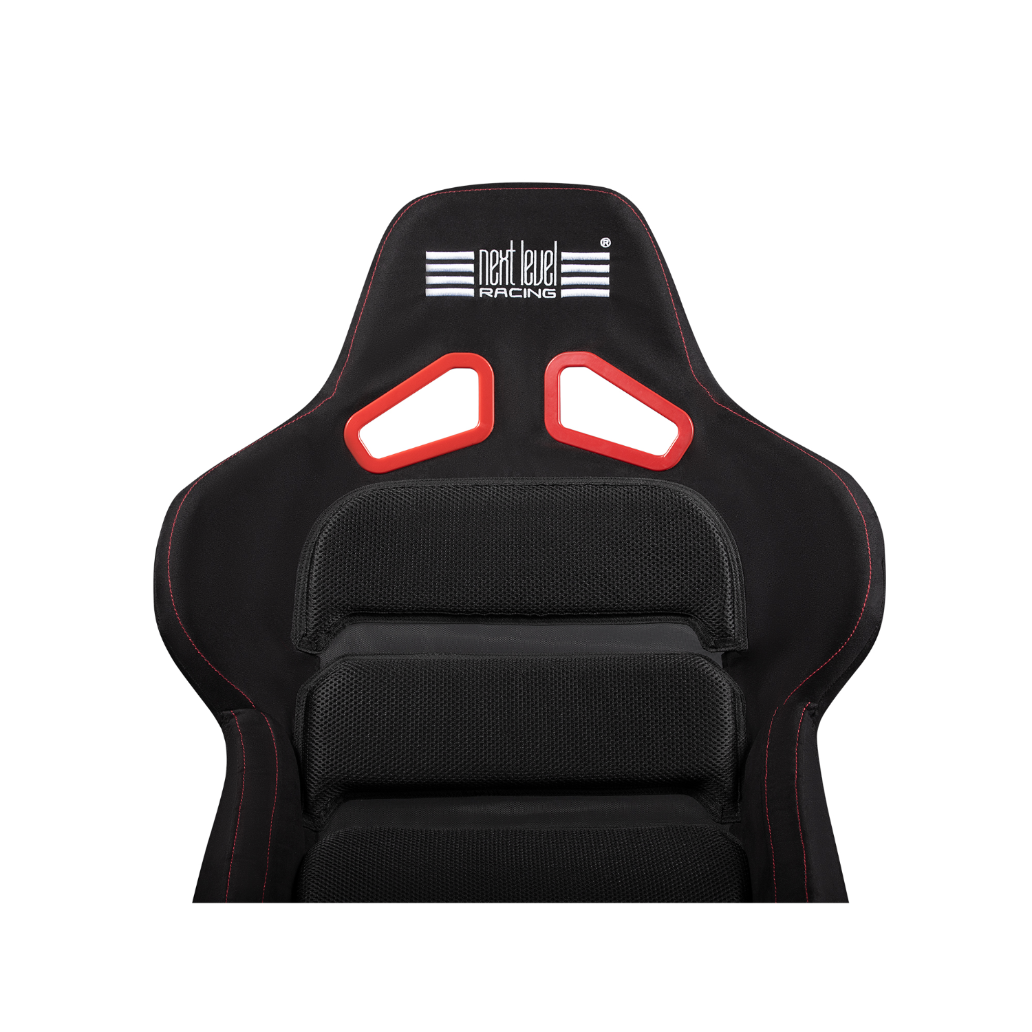 Schwarzer Gaming-Stuhl mit roten Akzenten, Nahaufnahme von Sitz und Rückenlehne.