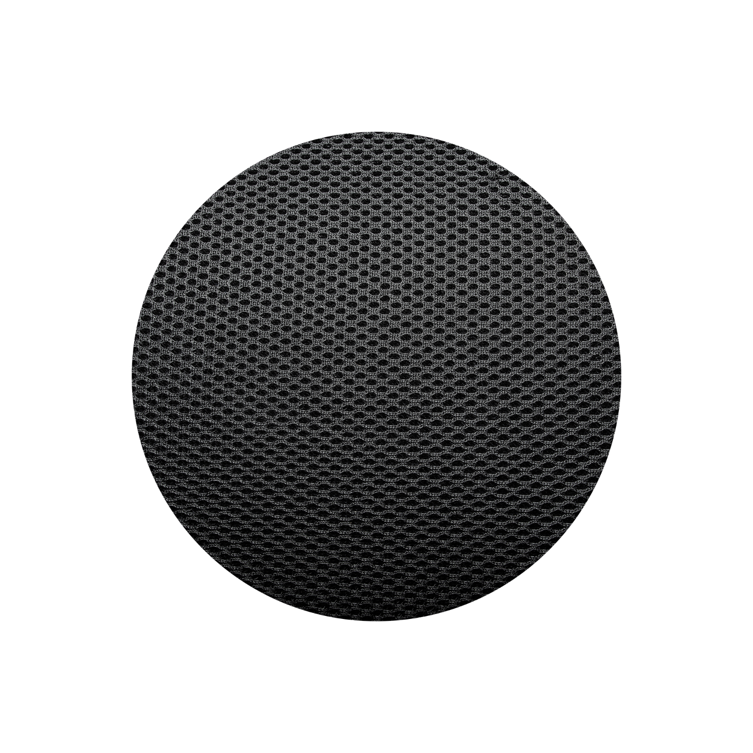 Eine schwarze, runde Mesh-Oberfläche, wahrscheinlich eine Lautsprecherabdeckung, auf weißem Hintergrund.