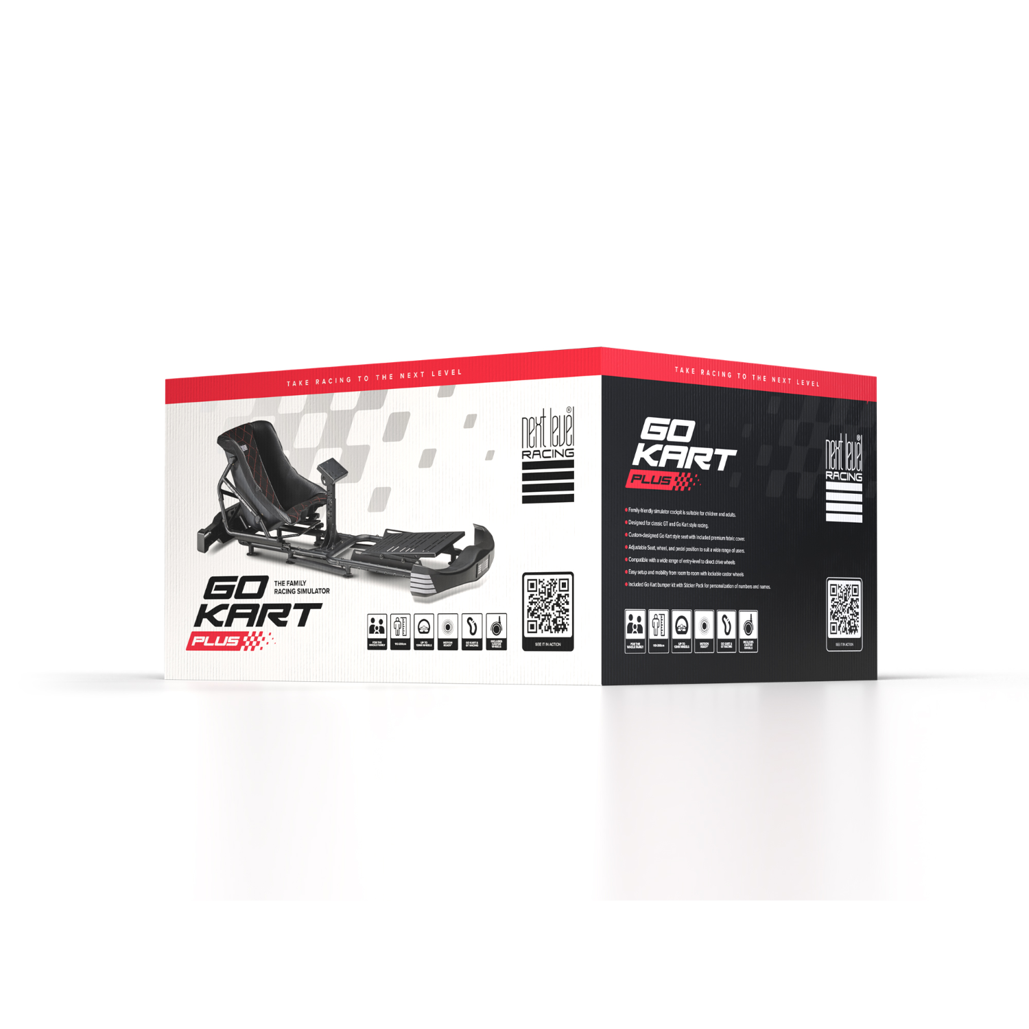 Una scatola con simulatore Next Level Racing Go Kart Plus, design nero e rosso.