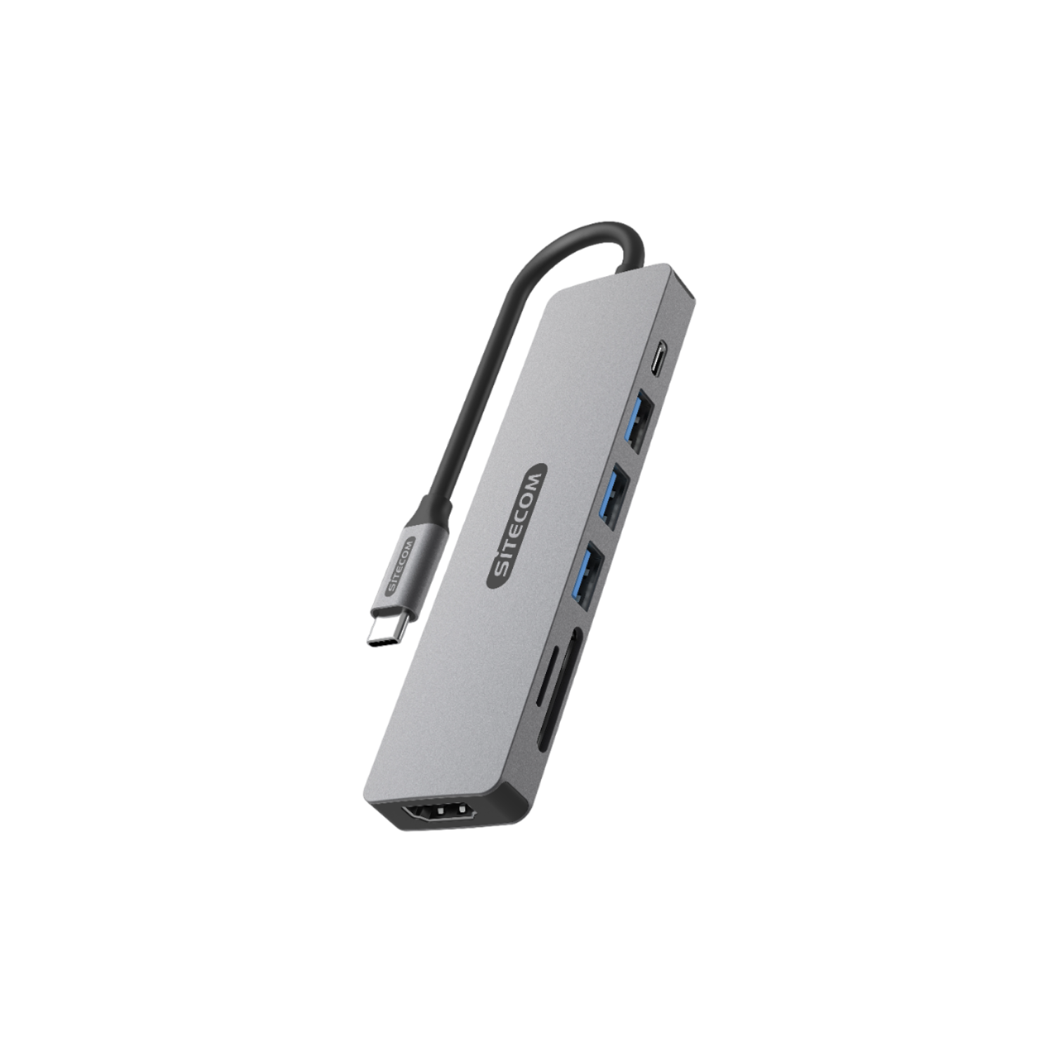 Hub SITECOM grigio con porte multiple e cavo USB-C collegato.
