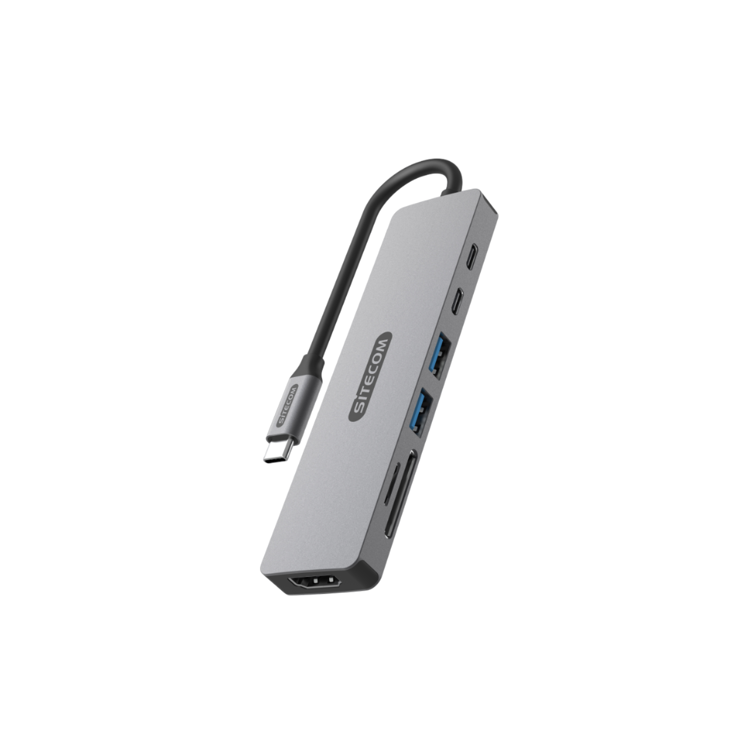 Ein grauer Sitecom USB-C-Hub mit mehreren Anschlüssen und einem angeschlossenen Kabel.