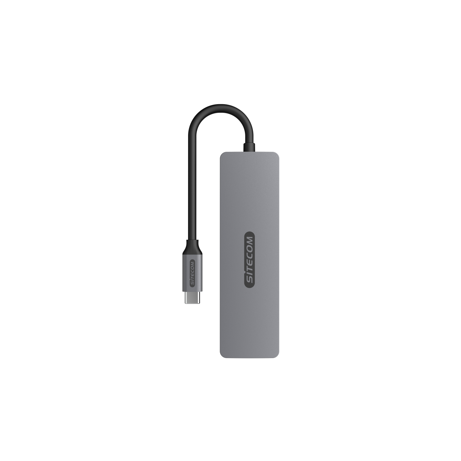 Ein grauer Sitecom USB-Hub mit USB-C-Kabel. Der Hub hat mehrere Anschlüsse.