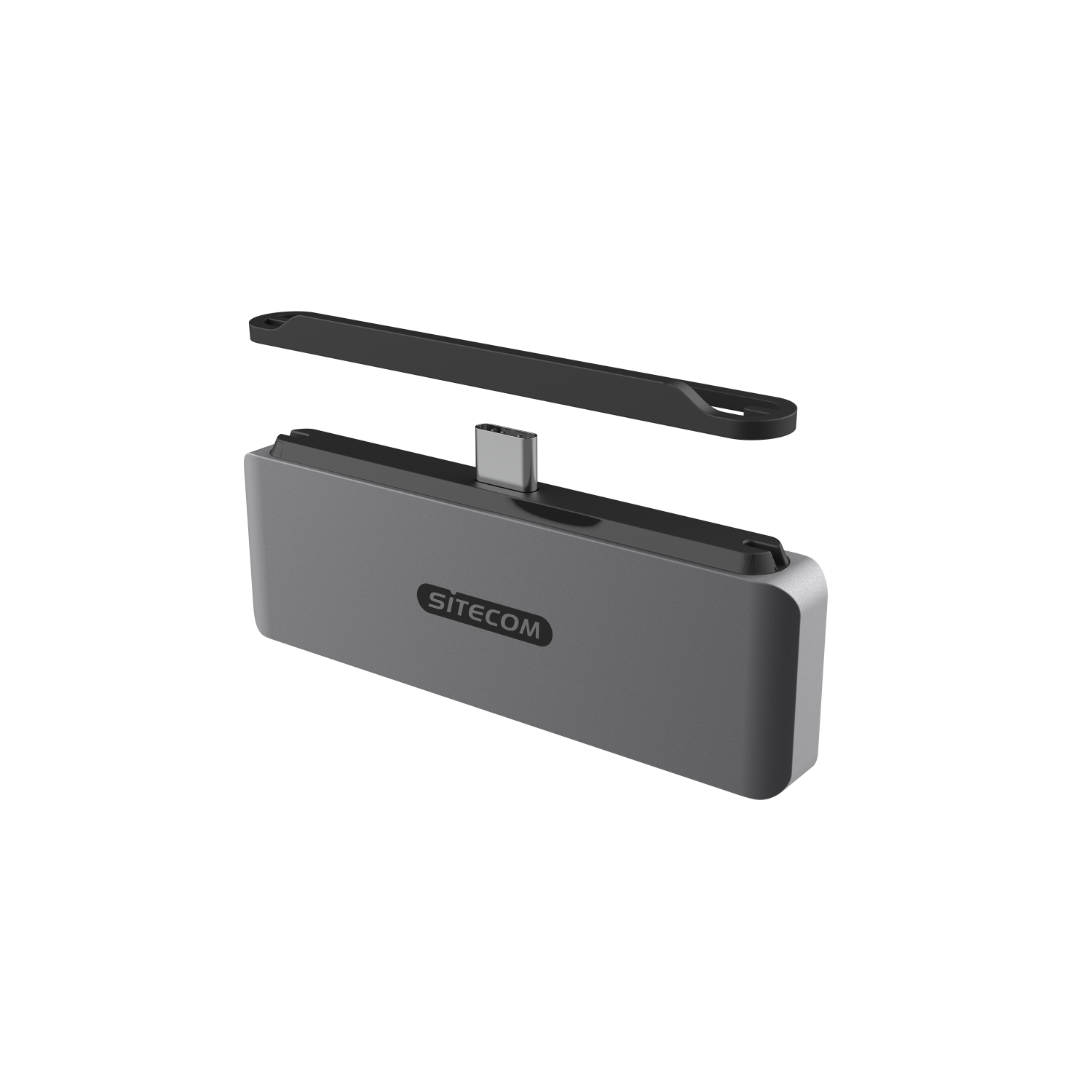Hub SITECOM grigio con parte superiore rimovibile, porta USB-C e accessorio nero.