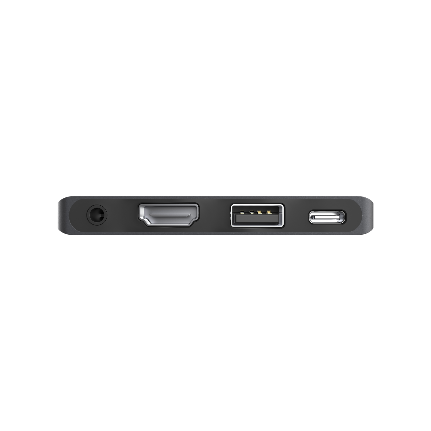 Primo piano di un hub USB-C grigio con più porte: HDMI, USB e USB-C.