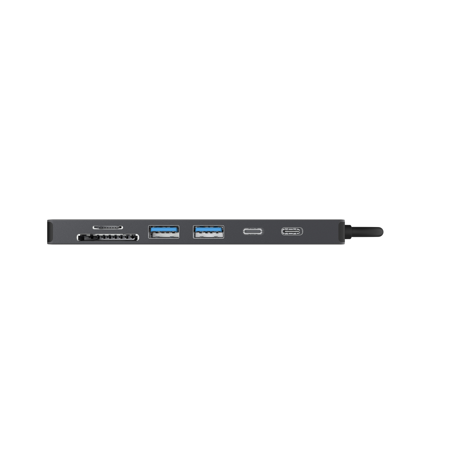 Ein grauer USB-Hub mit mehreren Anschlüssen: SD-Kartenleser, USB-Anschlüsse und ein USB-C-Anschluss. Schwarzer Hintergrund.