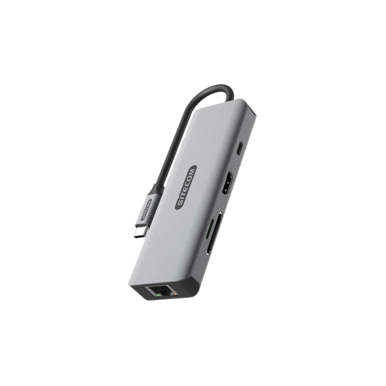 Hub USB-C Sitecom grigio angolato, mostra porte laterali e frontali.