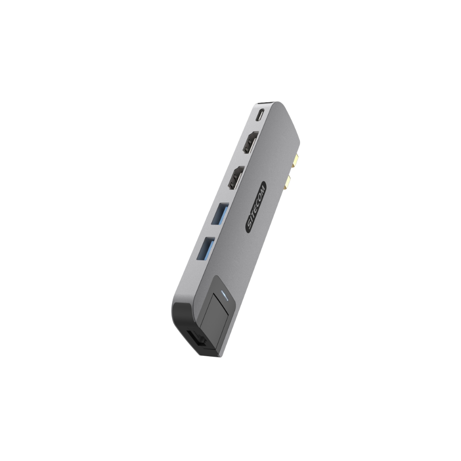 Un hub USB-C Sitecom grigio con più porte e un pulsante di accensione.