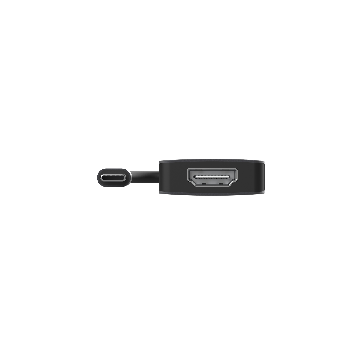 Schwarzer Adapter mit USB-C- und HDMI-Anschlüssen. Schwarzer Hintergrund. Nahaufnahme der Anschlüsse.