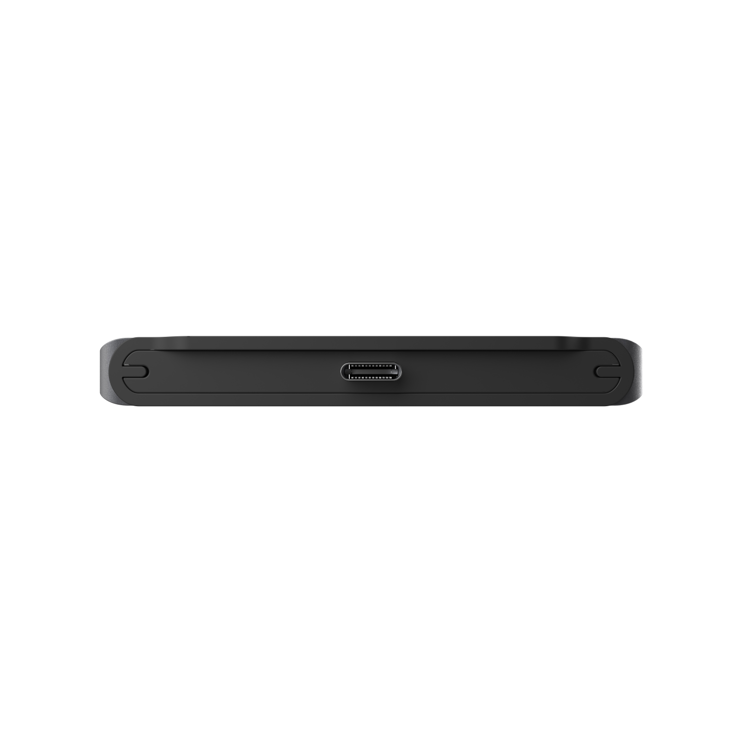 Un primo piano di un hub USB nero, che mostra la porta USB-C. L'hub è rettangolare e ha una superficie liscia.