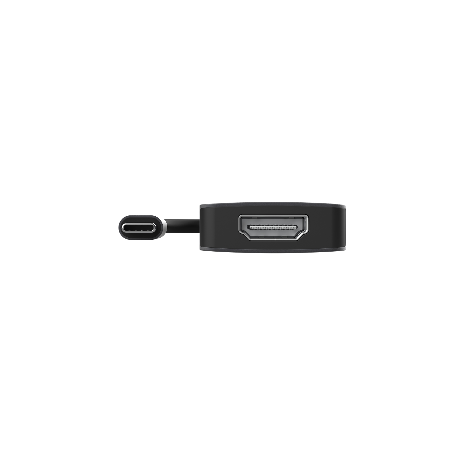 Schwarzer Adapter mit USB-C-Anschluss und HDMI-Anschluss. Der HDMI-Anschluss ist sichtbar.