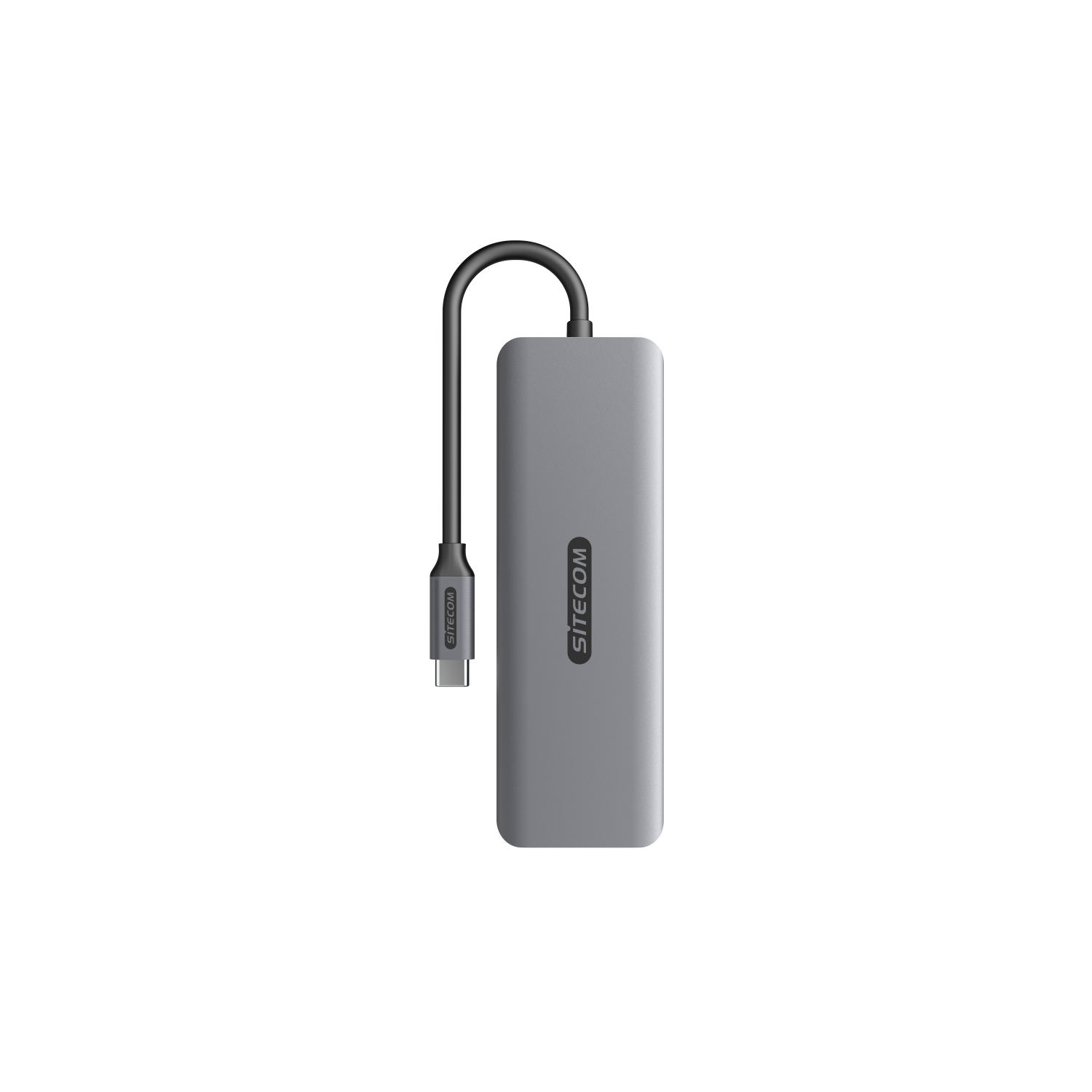 Un hub USB-C grigio con un cavo USB-C. Il marchio è SITECOM.