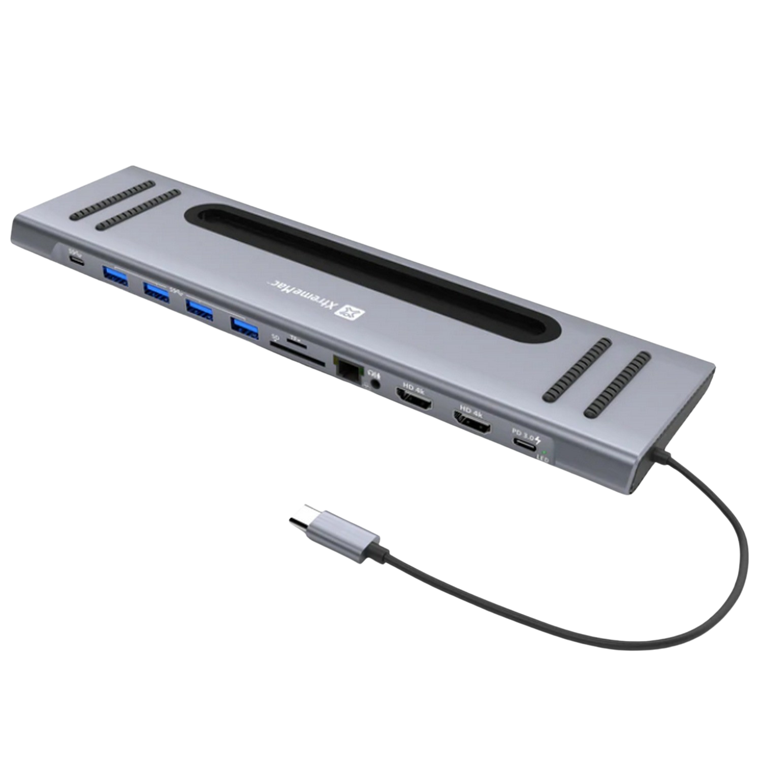 A silver multi-port hub with various ports and a USB-C cable.