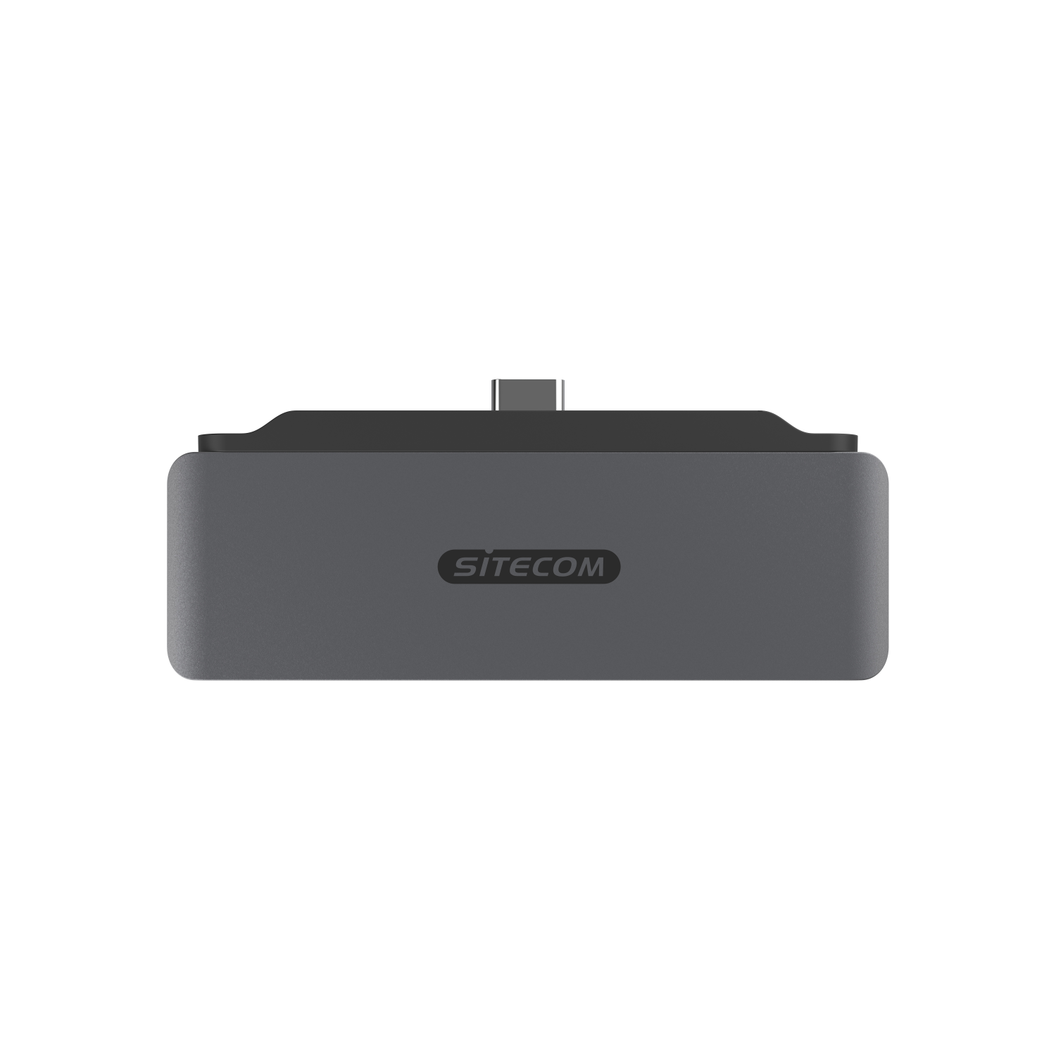 Un hub USB-C Sitecom grigio con una parte superiore nera, visto dall'alto.