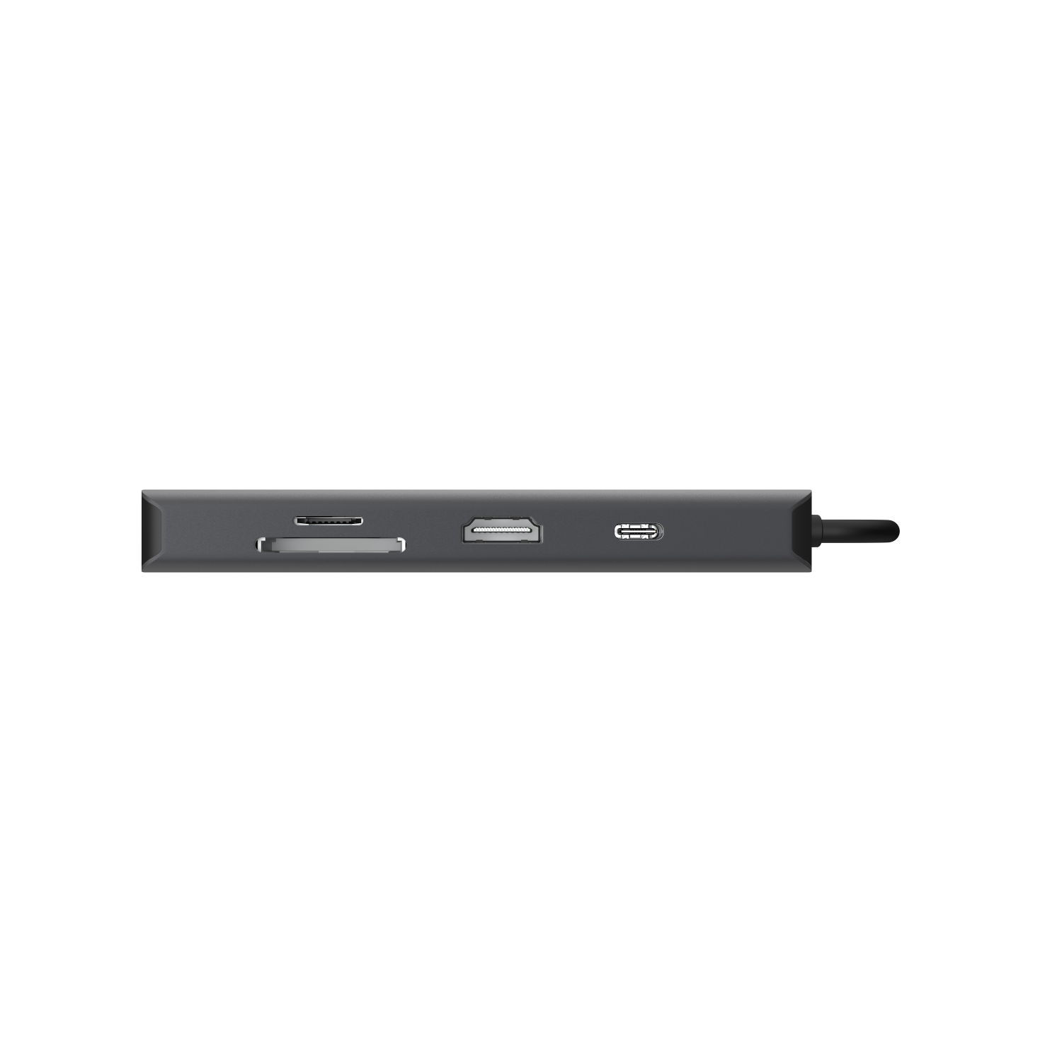 Un hub USB-C Sitecom grigio con porte per scheda SD, HDMI e USB-C, visto di lato.