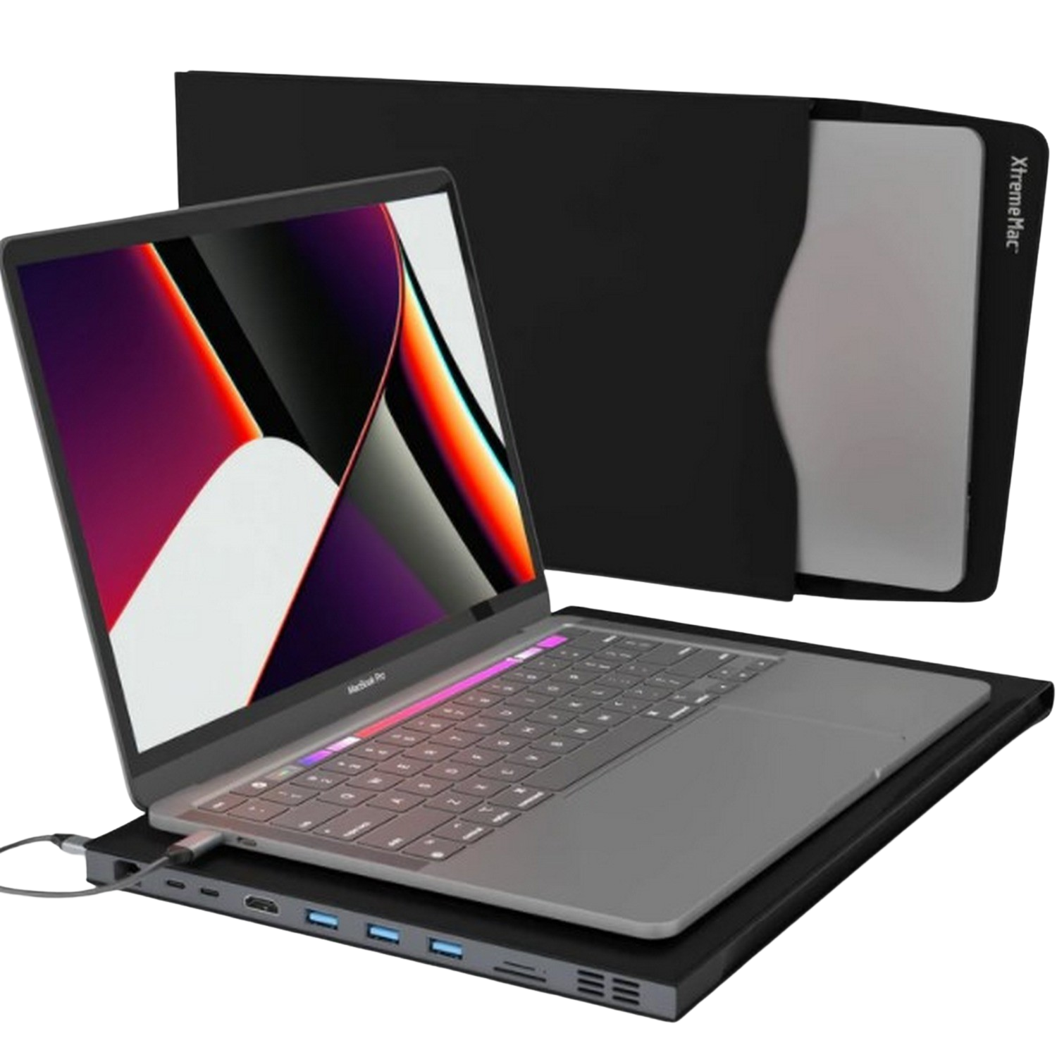 A laptop on a black stand with a USB hub and an external black case.
