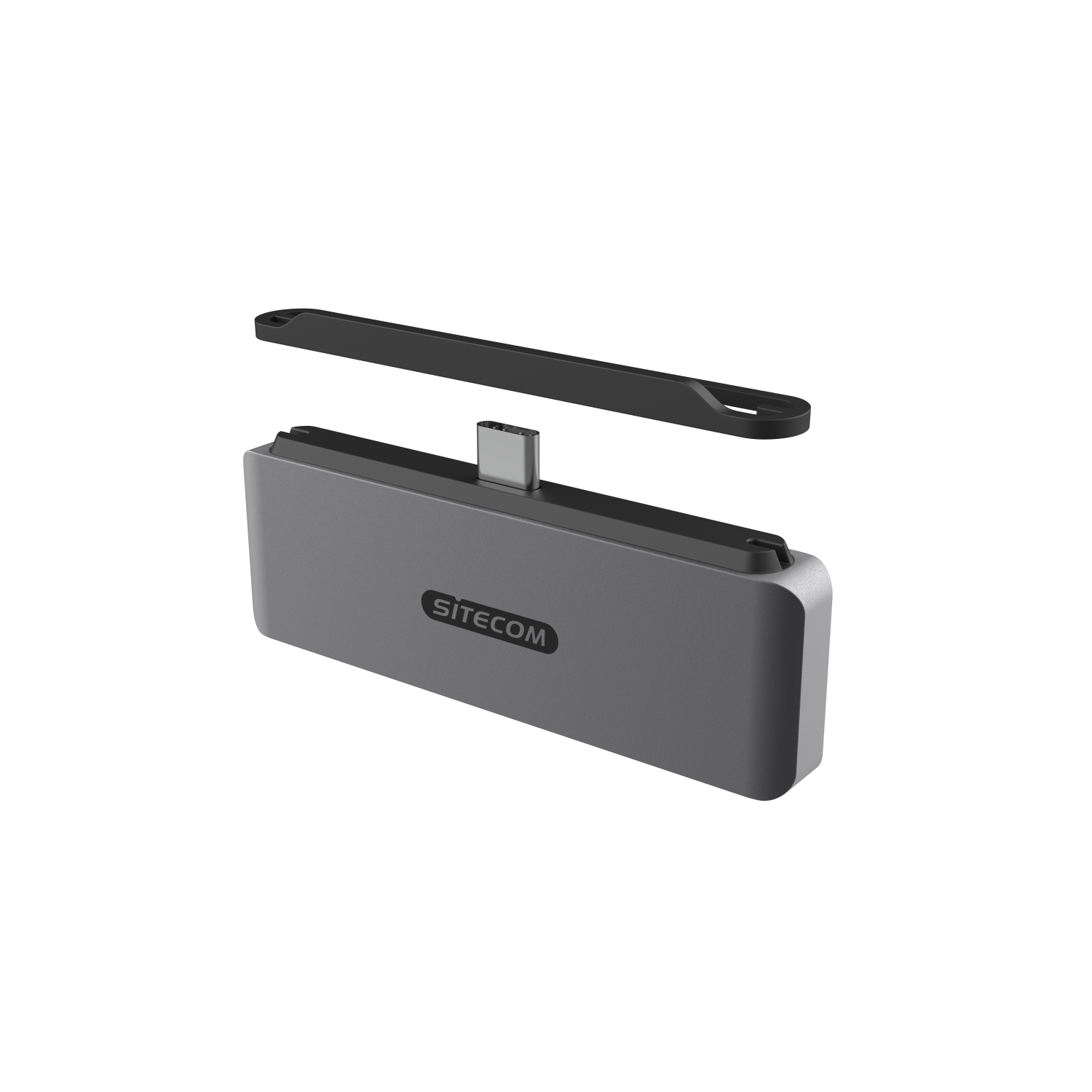 Grijze Sitecom-adapter met een USB-C-poort en een zwart opzetstuk. Op een zwart oppervlak.