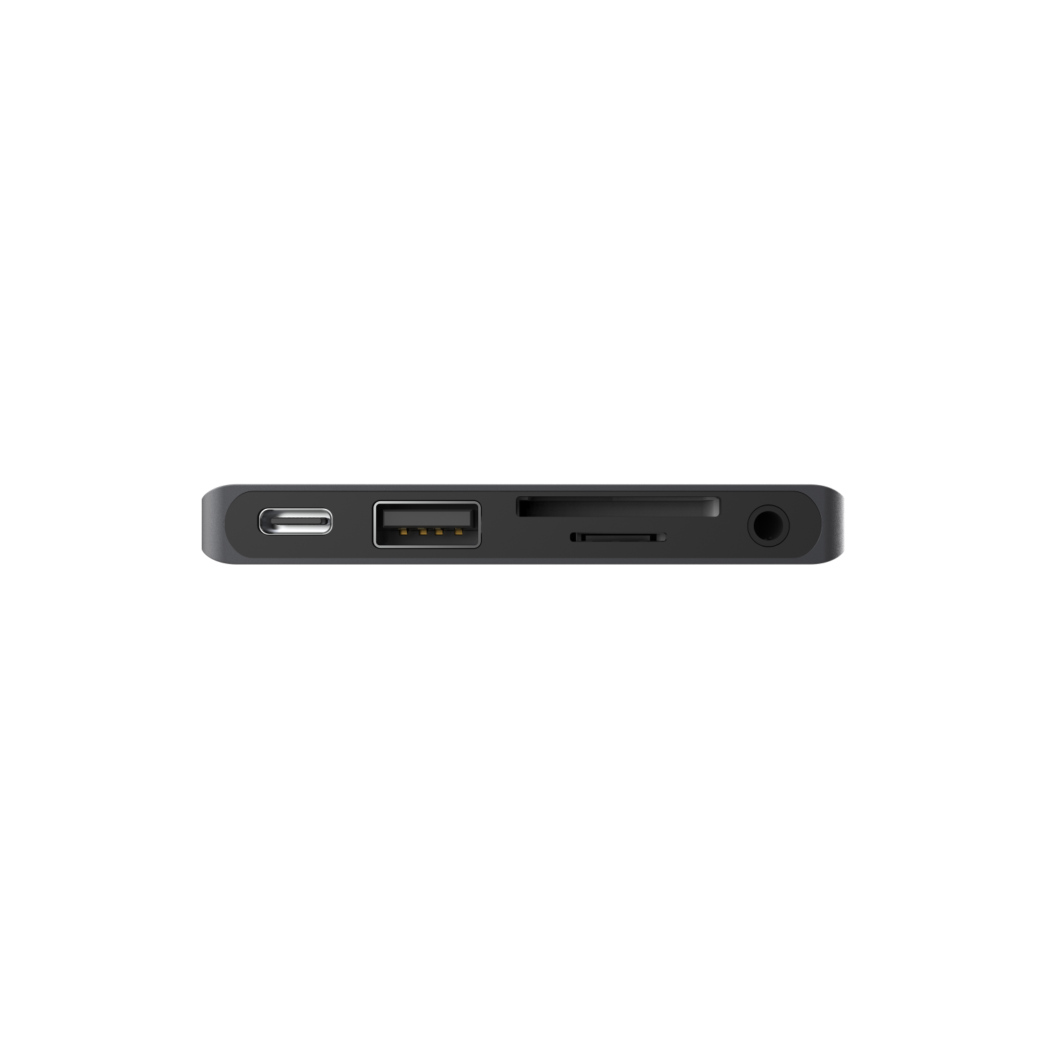 Zwarte hub met meerdere poorten. Een USB-C-poort, een SD-kaartsleuf en een koptelefoonaansluiting zijn zichtbaar.