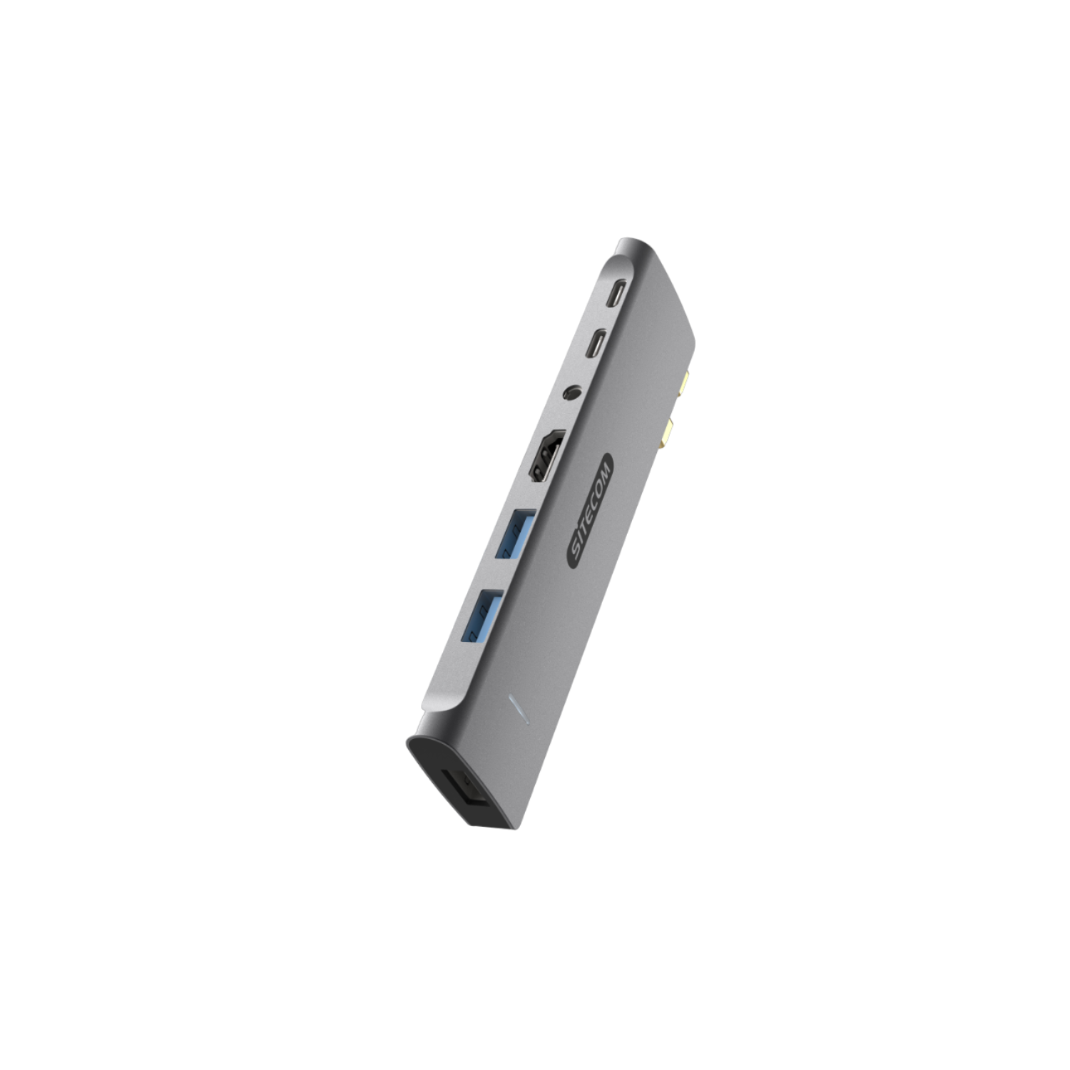 Un hub Sitecom argento con porte su sfondo nero.