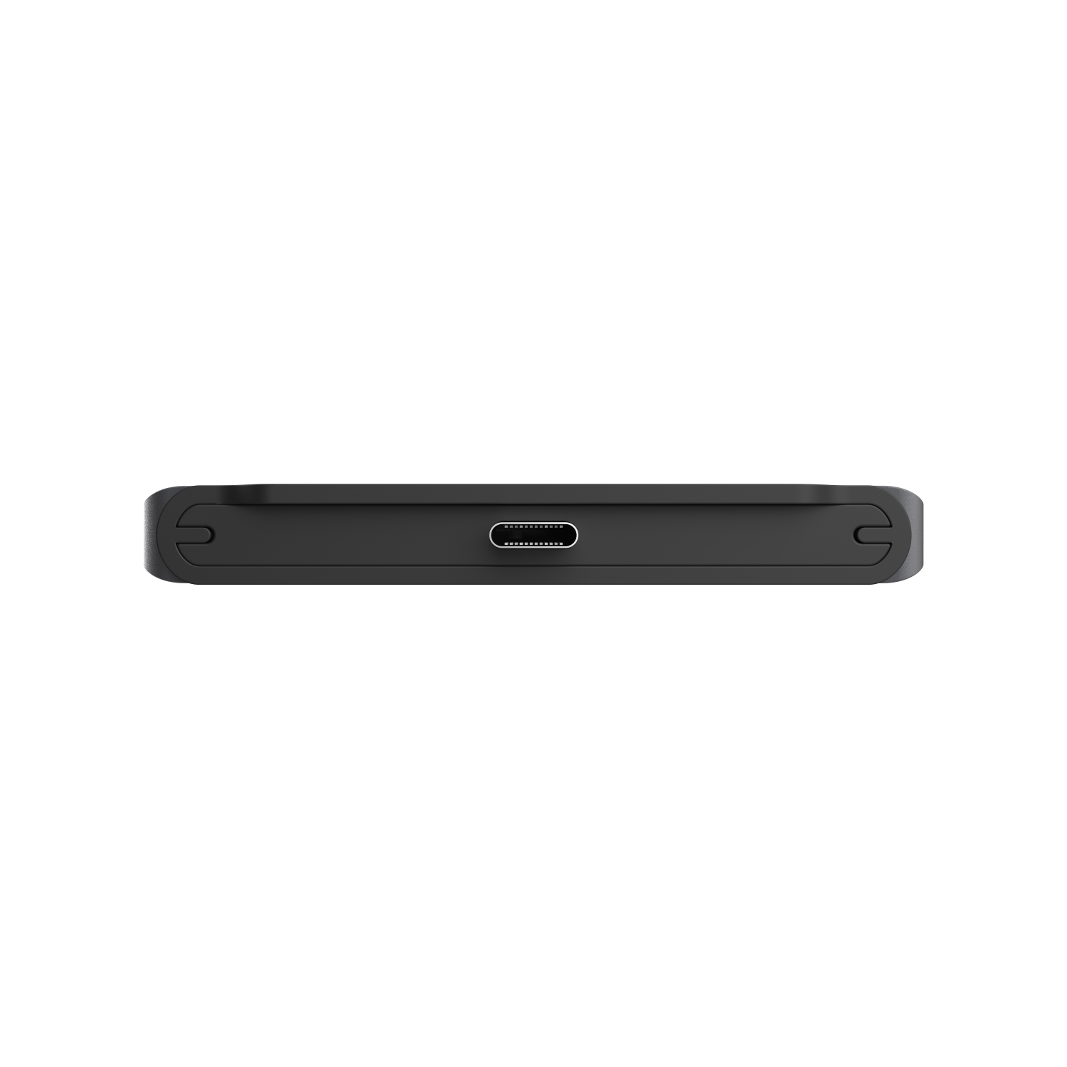 Zwart rechthoekig apparaat met een USB-C-poort op een witte achtergrond.