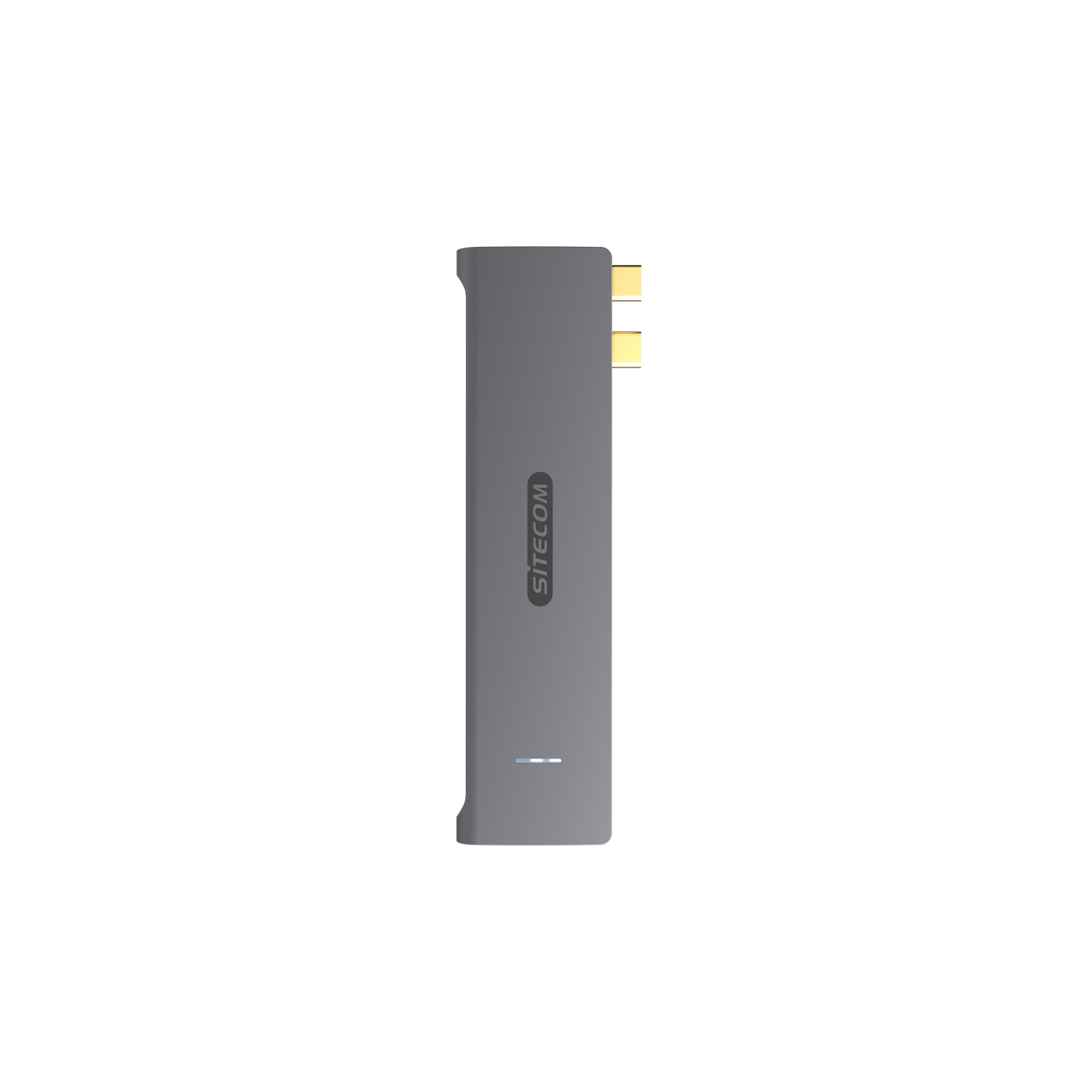 Un adattatore USB-C grigio con logo Sitecom e due porte dorate.