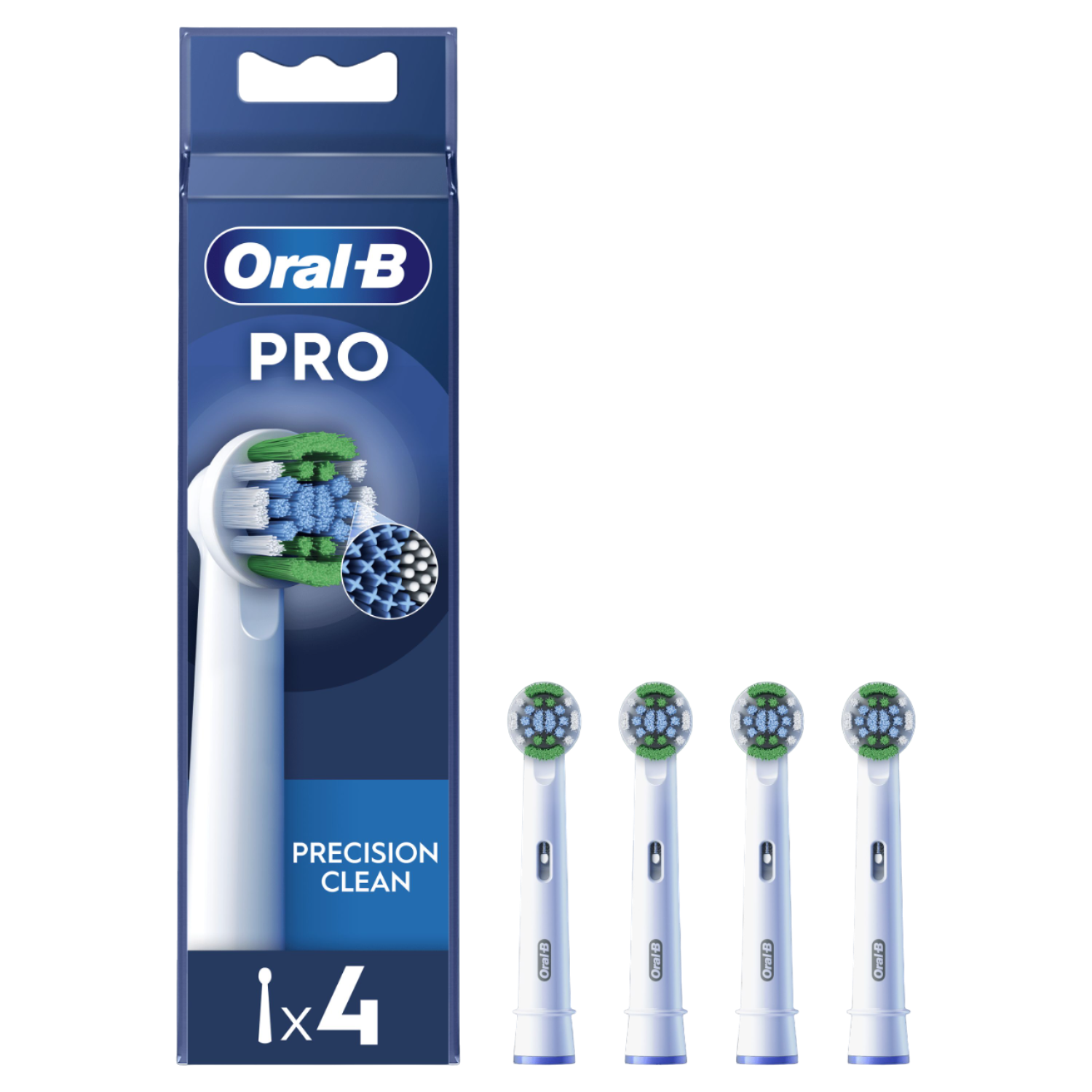 Testine per spazzolino Oral-B Pro in una scatola con quattro testine di ricambio. Con setole verdi e blu.