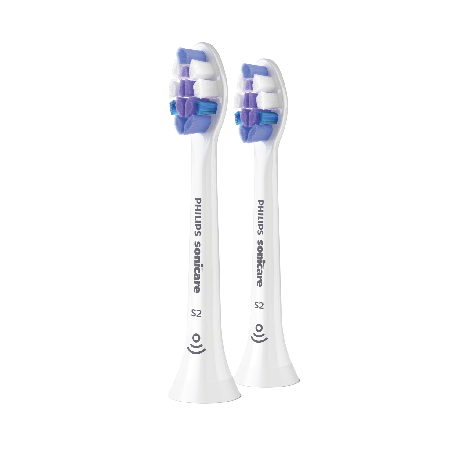 Dwie białe główki szczoteczki do zębów Philips Sonicare. Fioletowe i białe włosie. Białe tło.