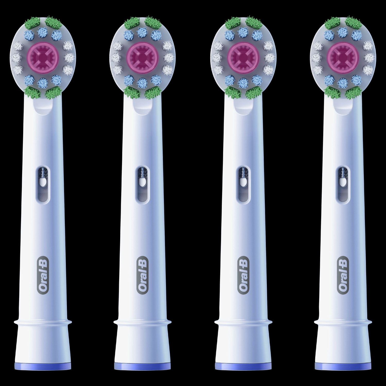 Quattro testine Oral-B, corpi bianchi, setole colorate e sfondo nero.
