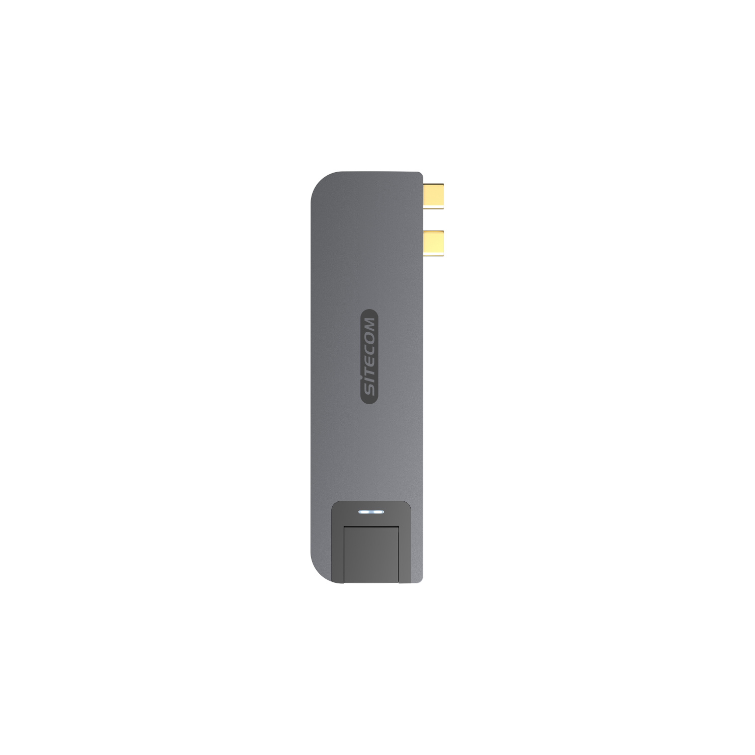 Grauer Sitecom USB-C-Hub mit zwei goldfarbenen Anschlüssen, Seitenansicht mit Ein-/Aus-Schalter.