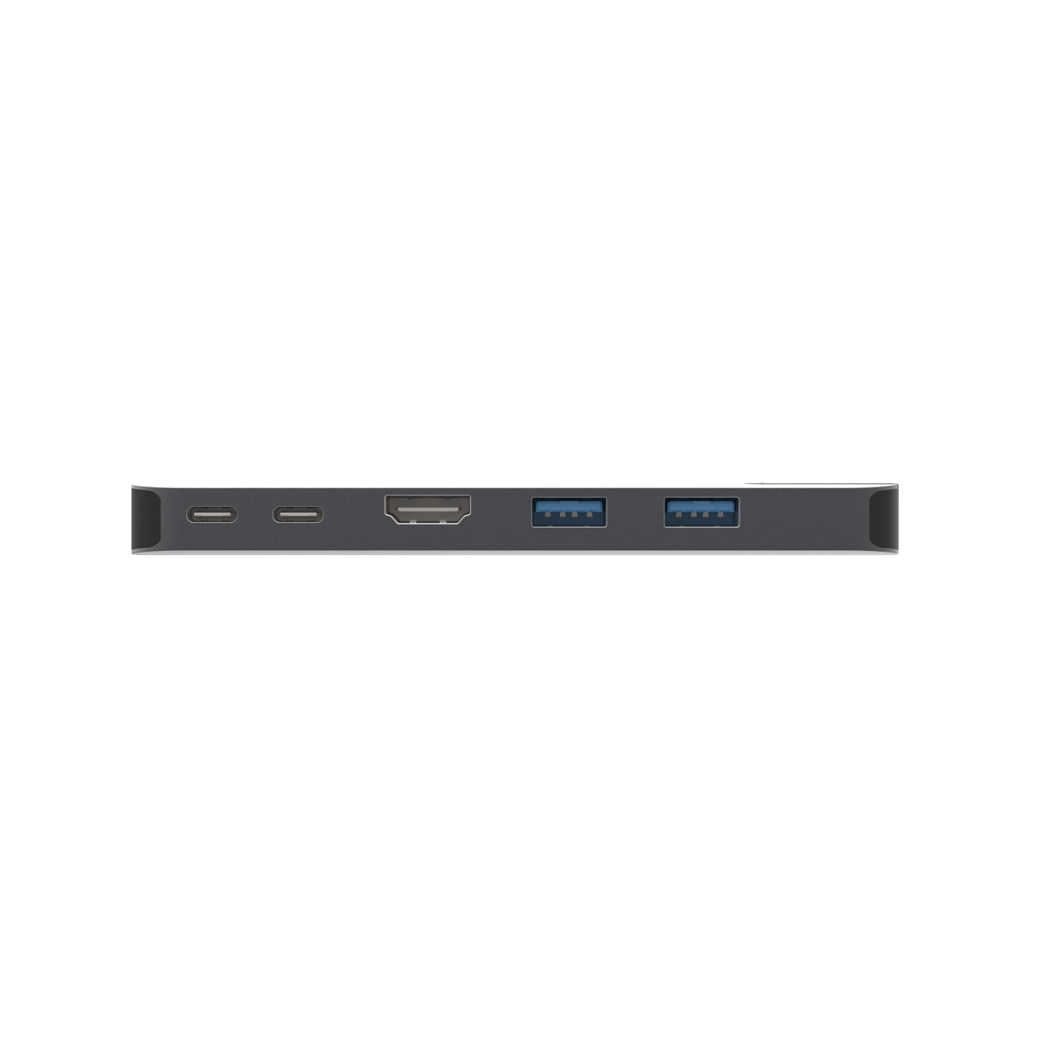 Draufsicht auf ein schwarzes Gerät mit Anschlüssen. Es hat einen USB-C-, einen HDMI- und mehrere USB-Anschlüsse.