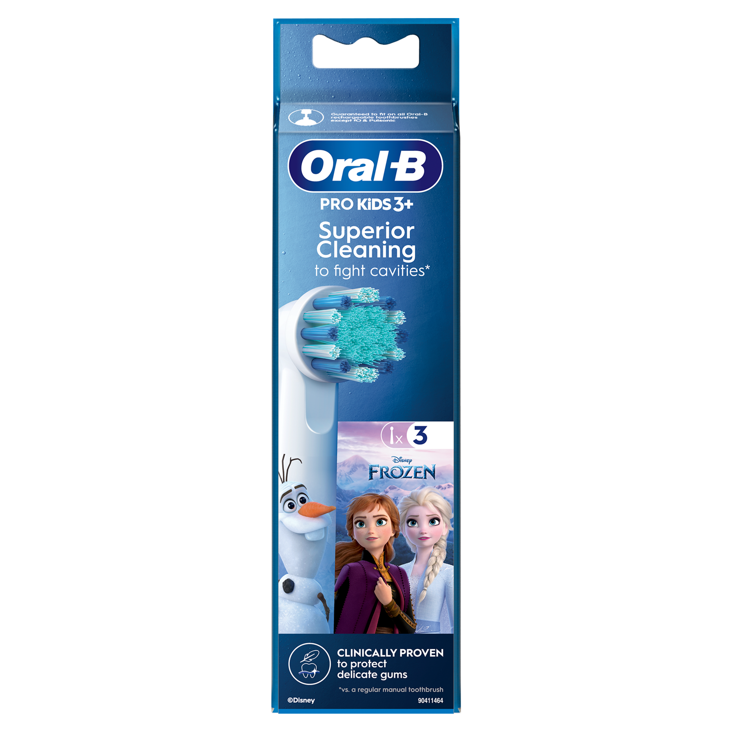 Pudełko szczoteczki Oral-B Kids 3+ z postaciami z Krainy Lodu, biała szczoteczka i jasnoniebieskie włosie.