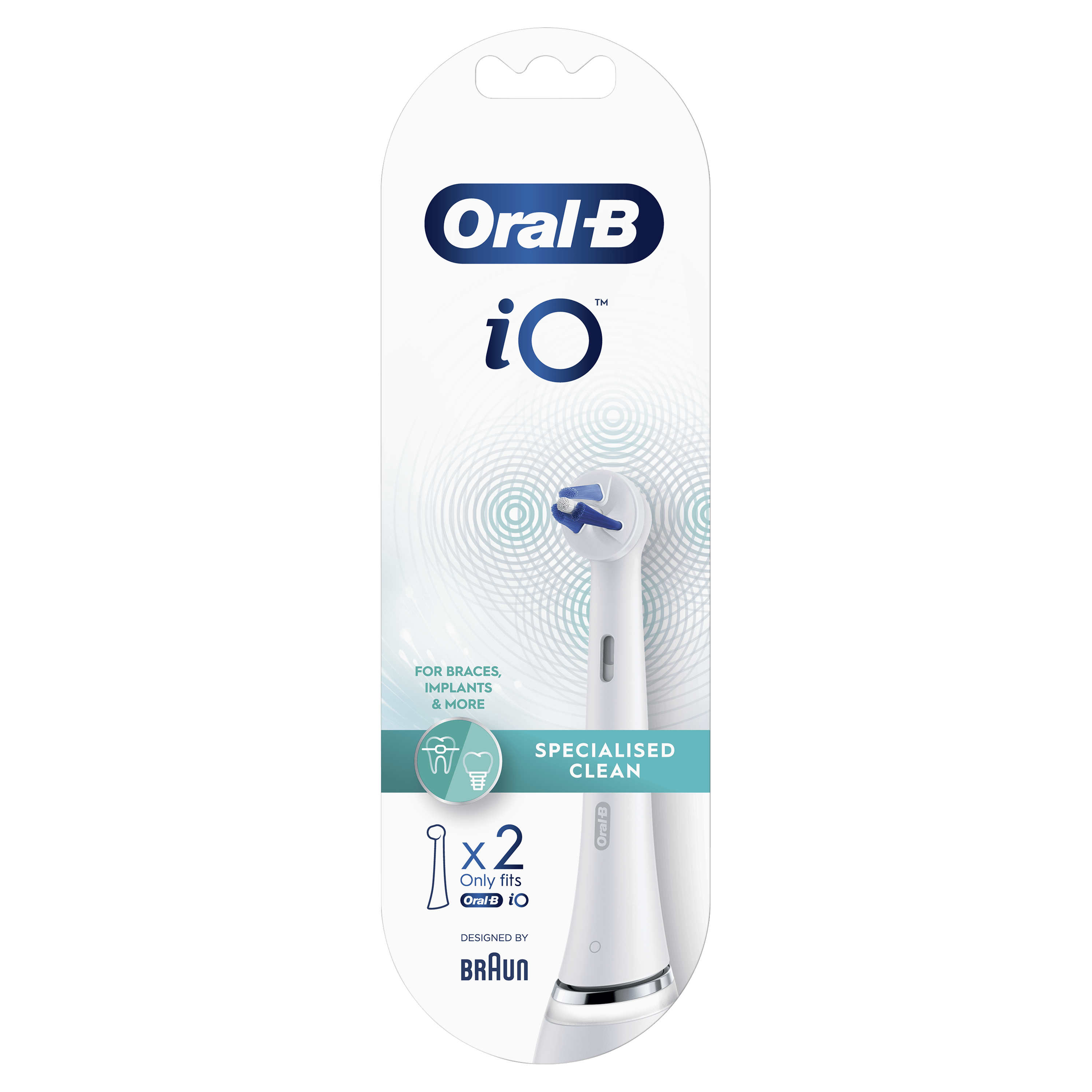 Biało-niebieskie opakowanie główki szczoteczki Oral-B ze szczegółami produktu i logo Braun.