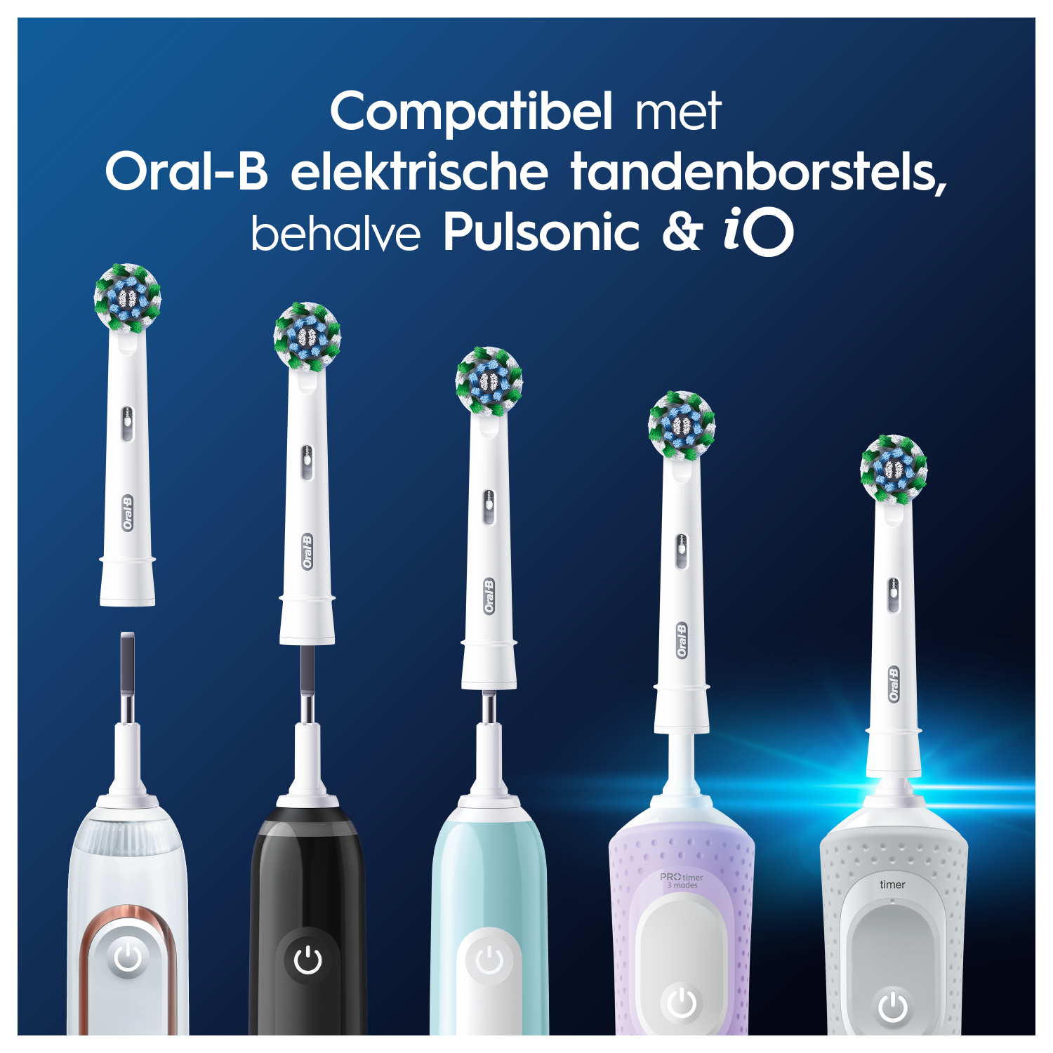Varie testine e manici per spazzolini elettrici Oral-B su sfondo blu.
