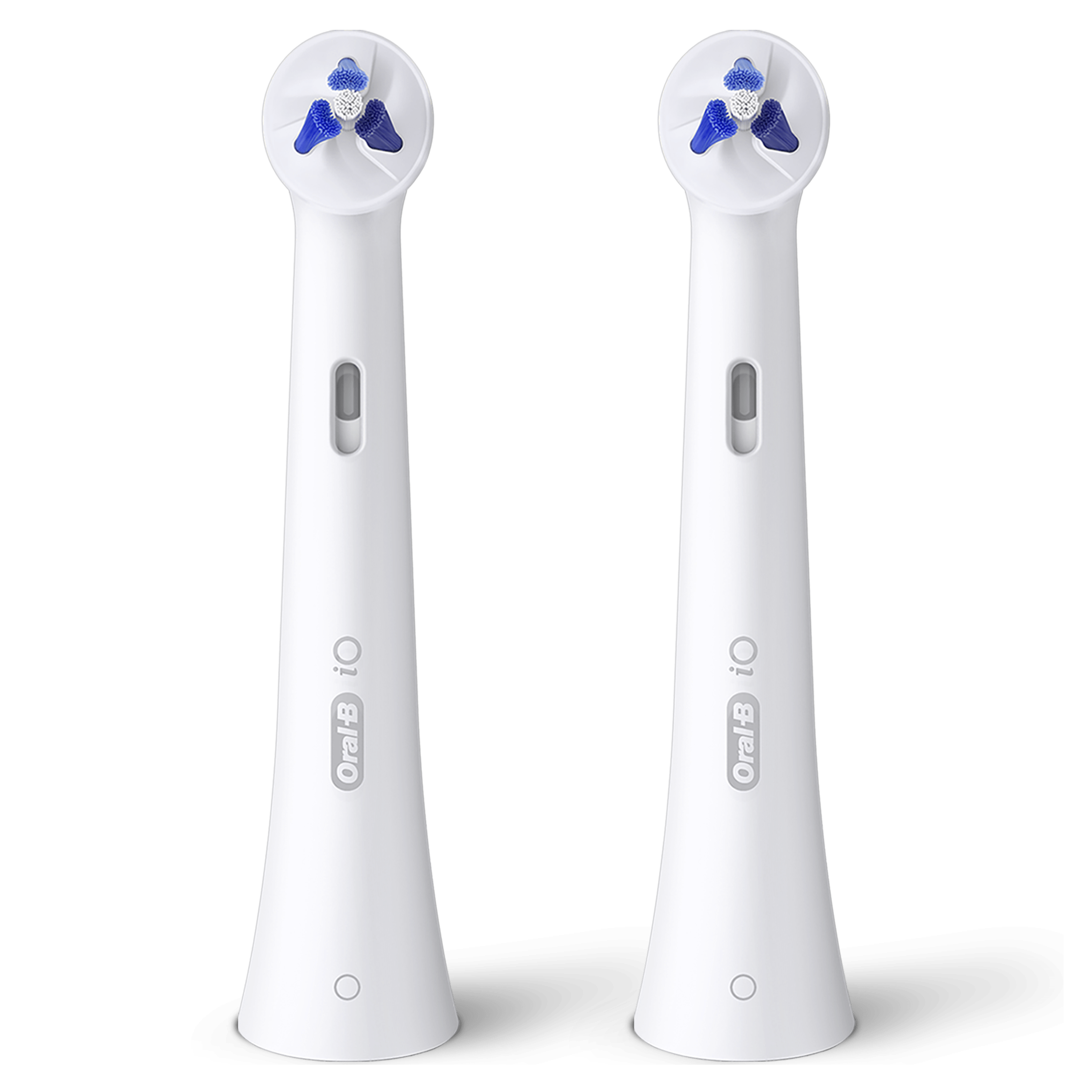 Dwie białe główki szczoteczki do zębów z niebieskim włosiem, logo Oral-B io.