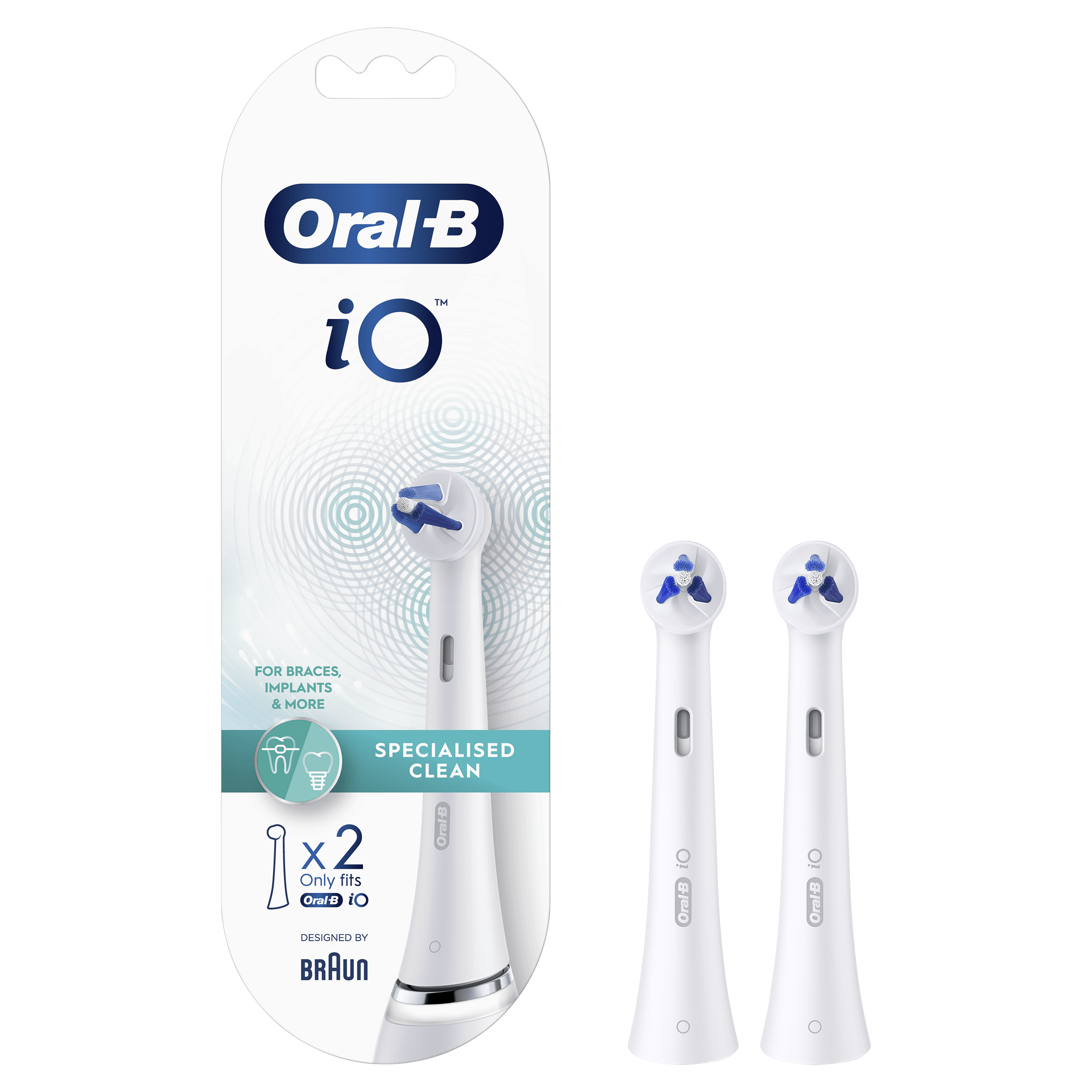 Główki szczoteczki do zębów Oral-B iO w opakowaniu. Białe i niebieskie. Do aparatów ortodontycznych i implantów. Czarne tło.