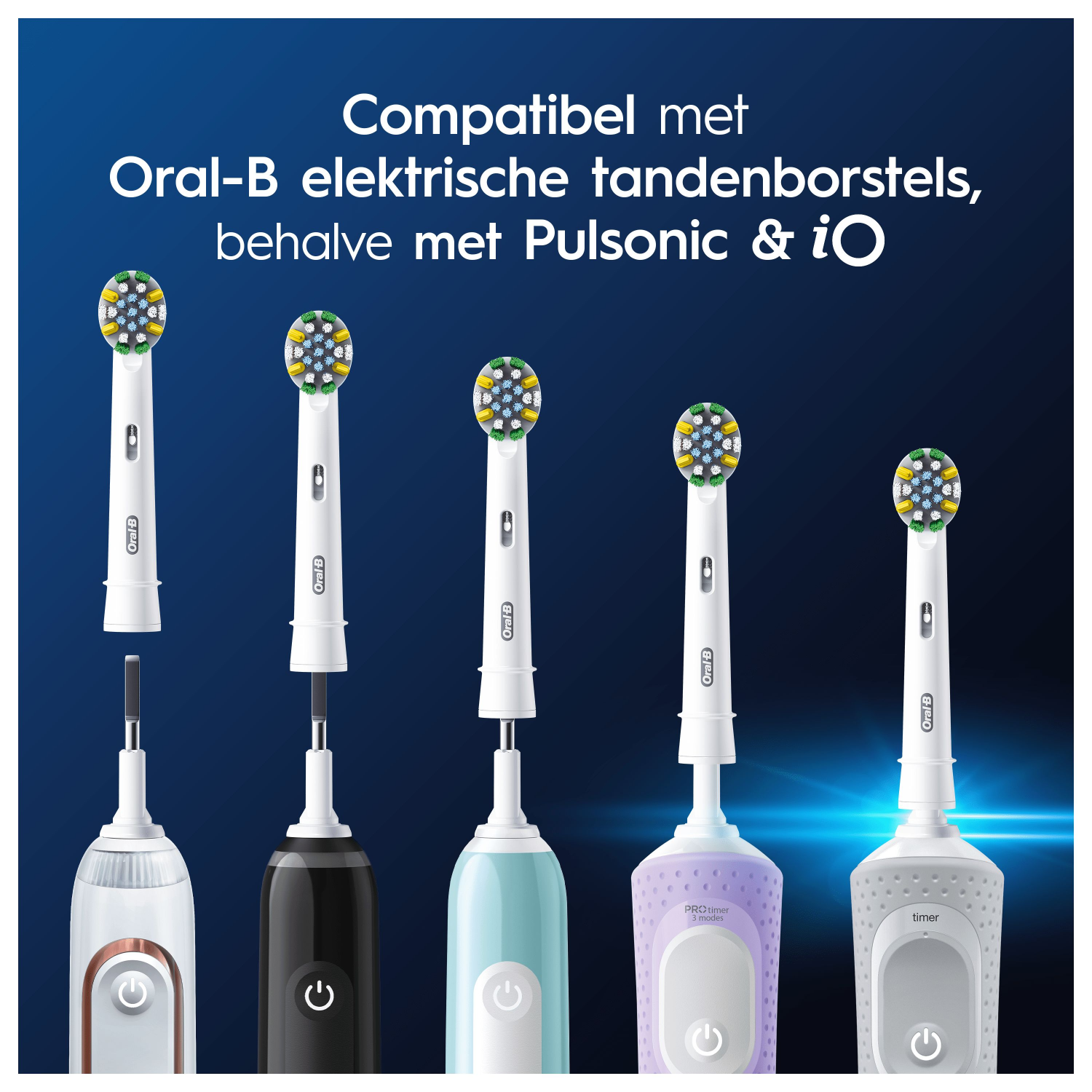Spazzolini elettrici e testine su sfondo blu scuro. Testo in olandese.