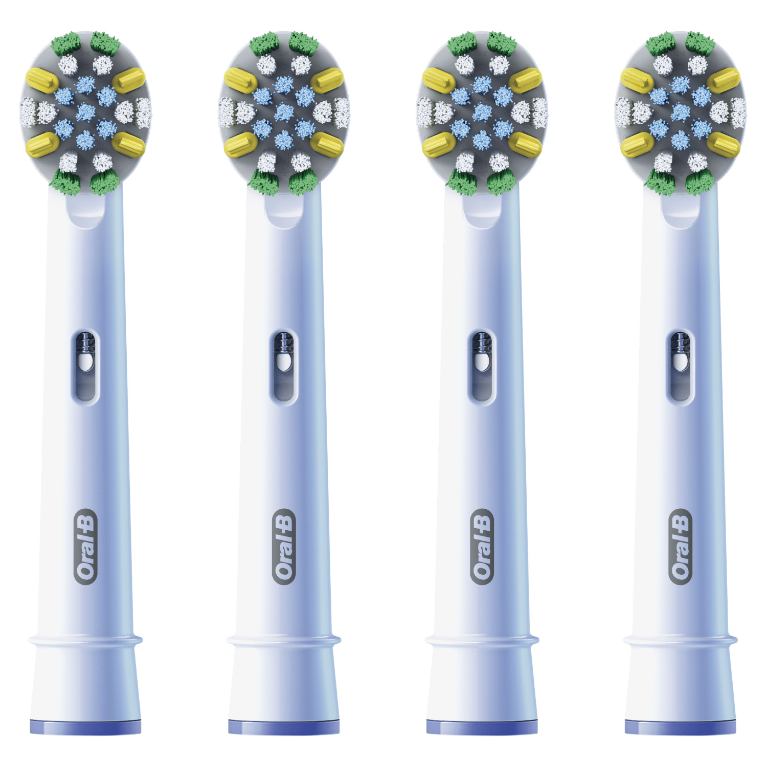 Quattro testine per spazzolino Oral-B. Bianche con setole colorate. Sfondo bianco.