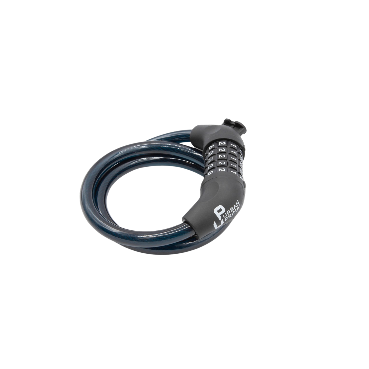 Lucchetto per bici a combinazione nero. Un lucchetto a cavo con quadranti numerati. Sfondo nero.