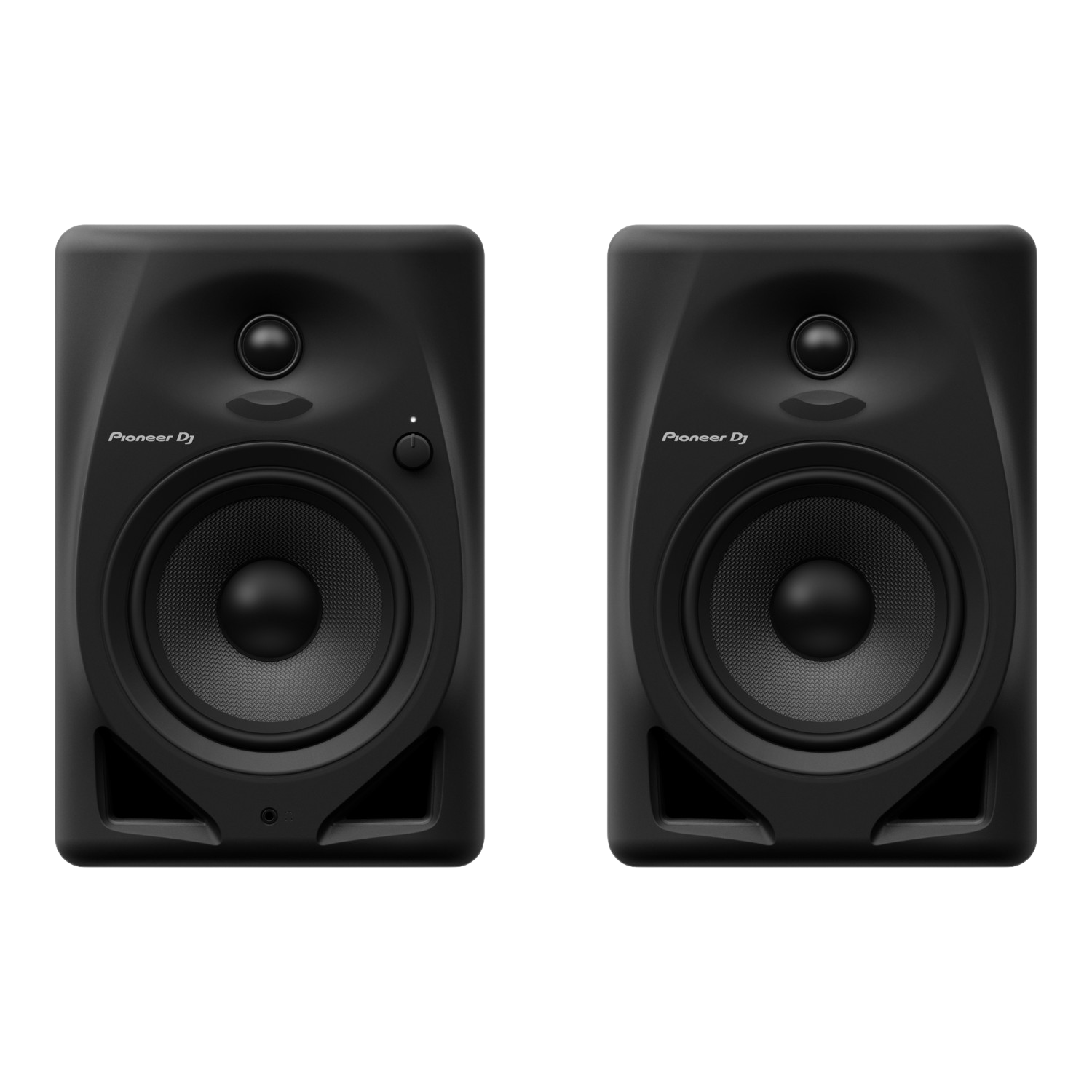 Two black Pioneer DJ speakers, angled, with a control knob and a logo, on a black background.