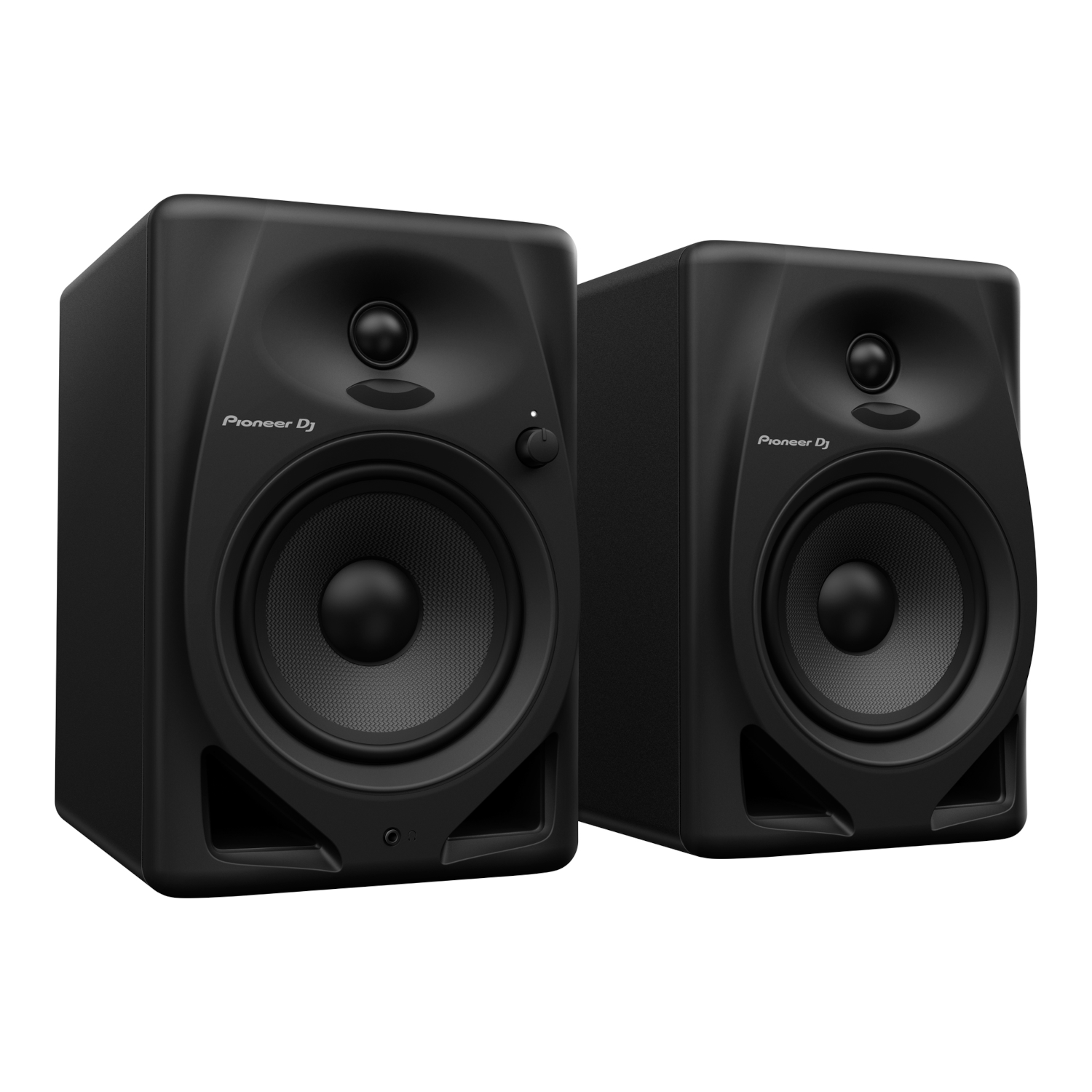 Two black Pioneer DJ speakers. Both are square with a prominent central speaker and Pioneer DJ logo.